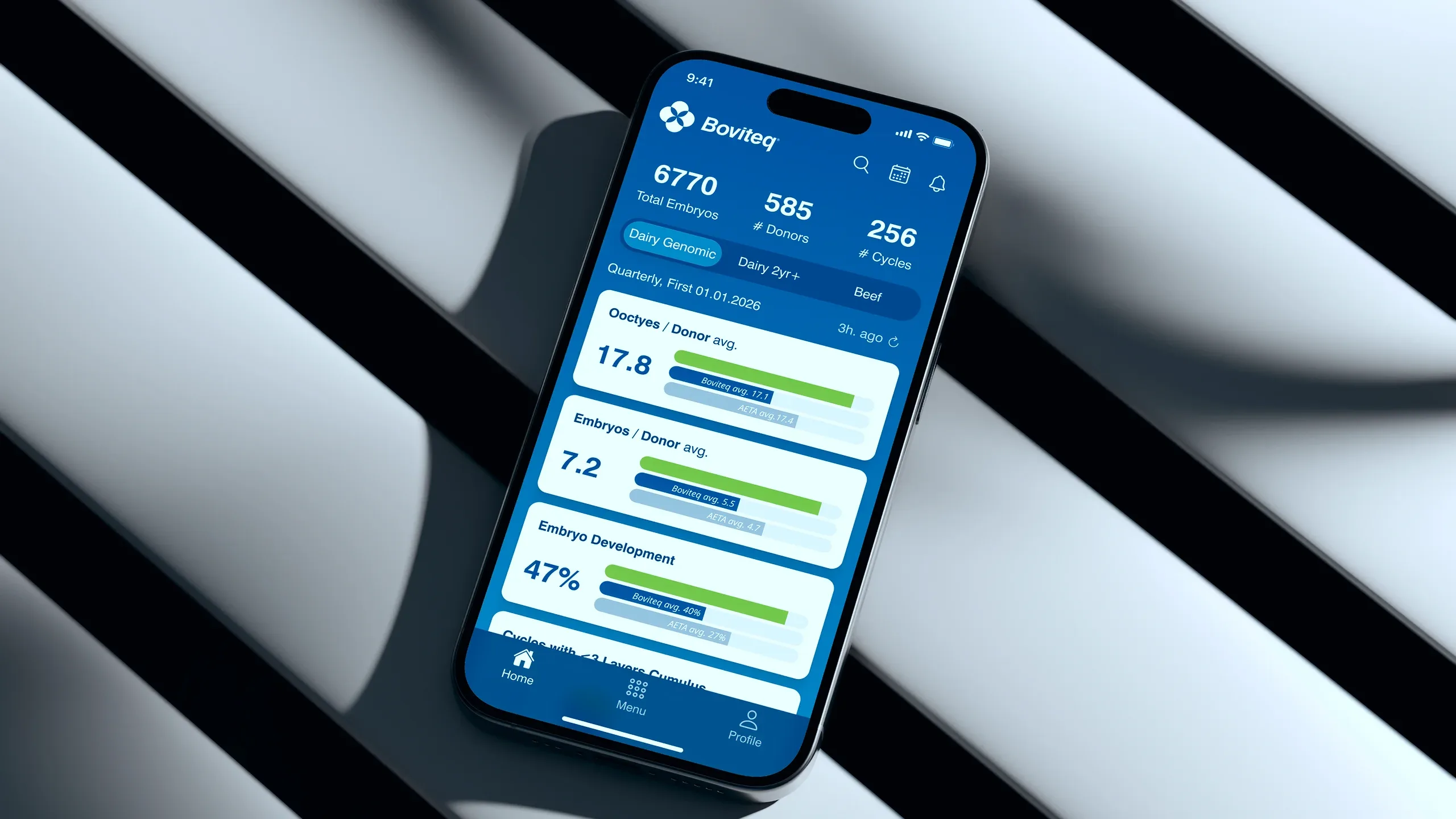Boviteq mobile app dashboard on a smartphone with embryo statistics and comparison charts