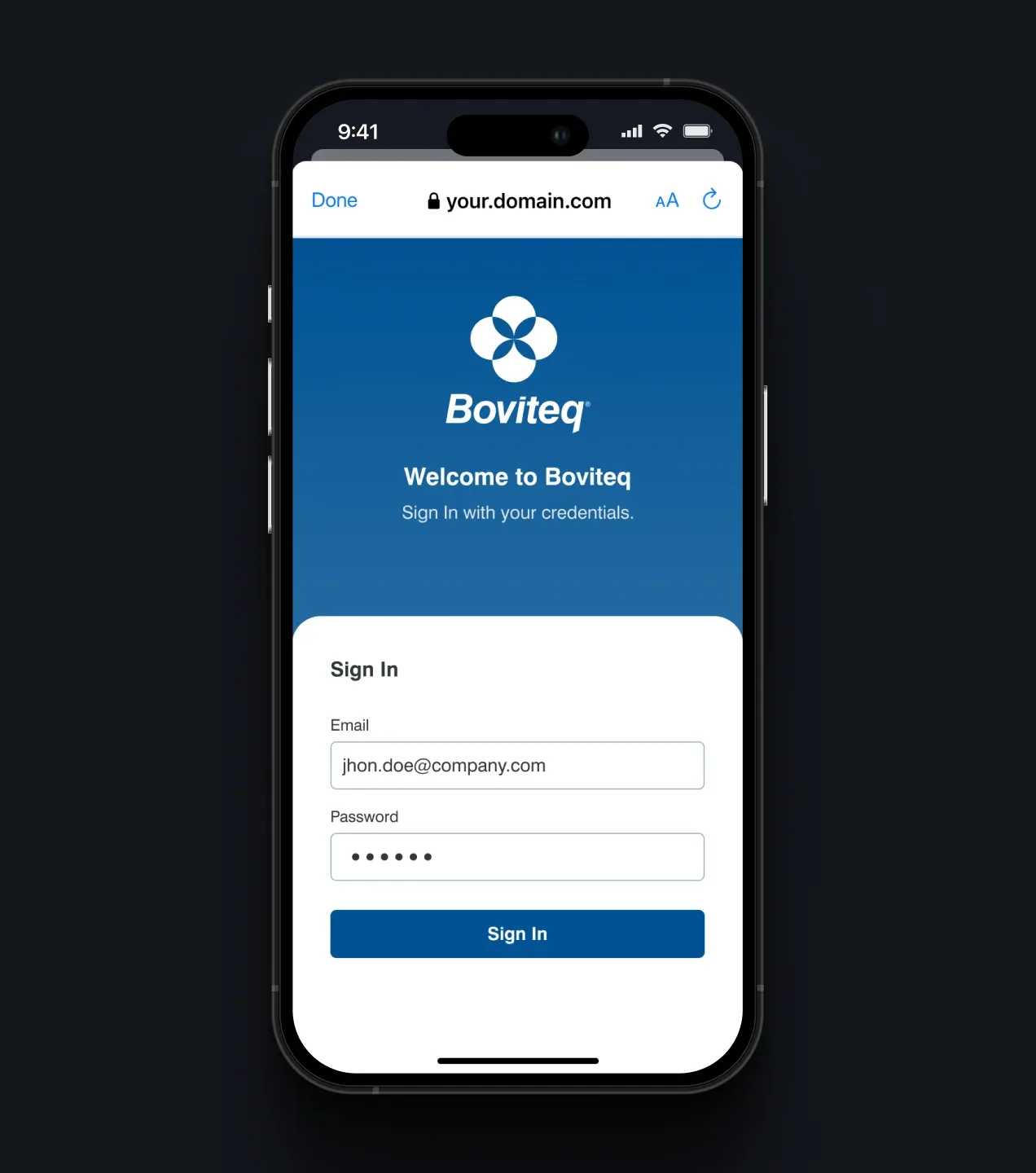 Boviteq mobile app sign-in screen with email and password fields