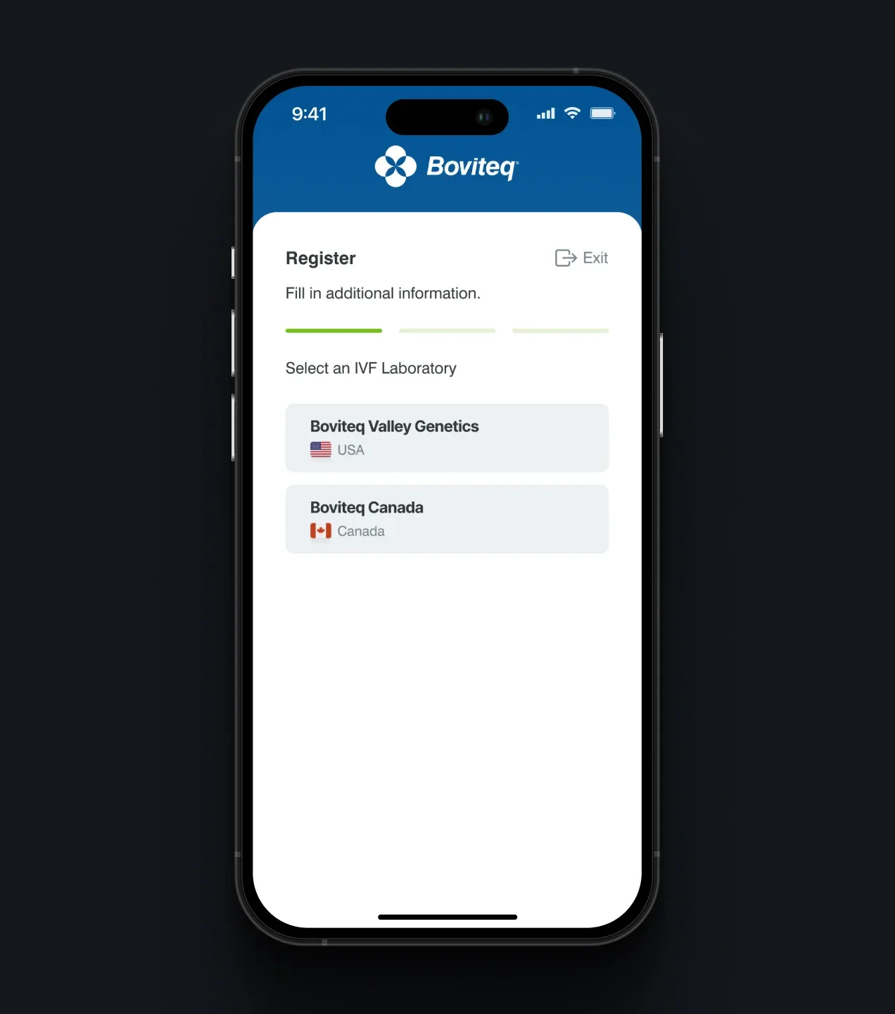 Boviteq app registration screen for selecting an IVF laboratory in the United States or Canada