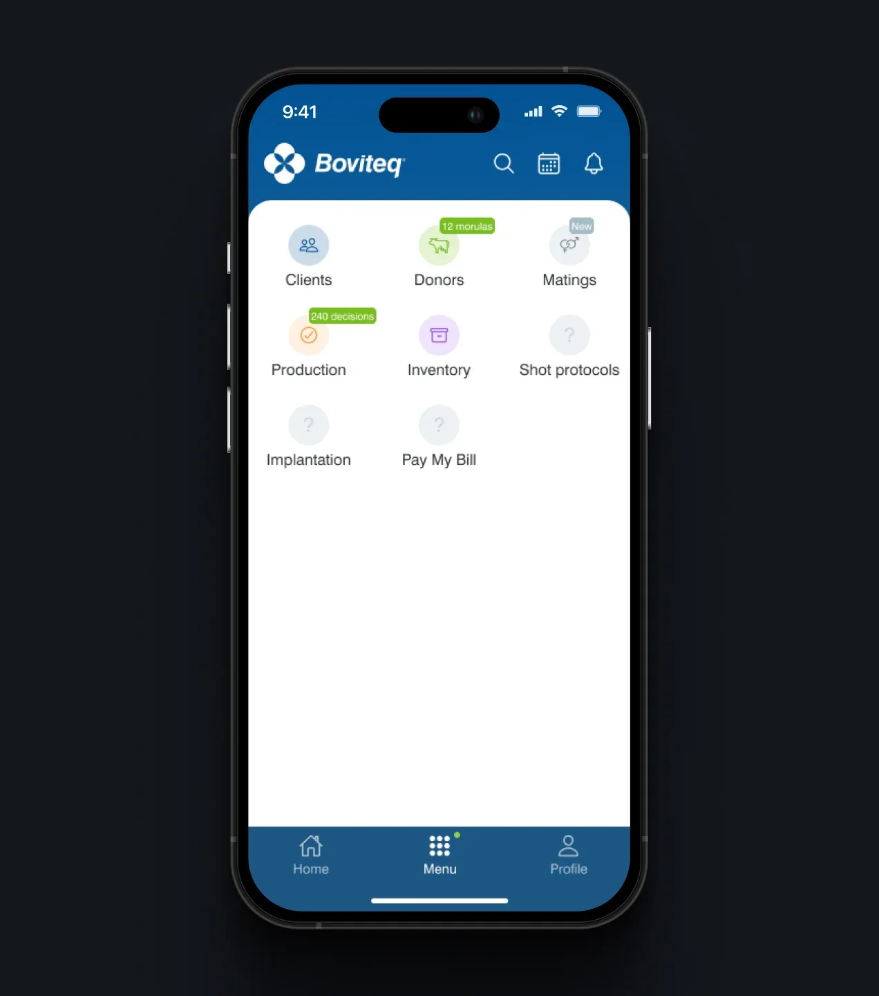Boviteq app navigation menu with sections for clients, donors, production, inventory, and implantation