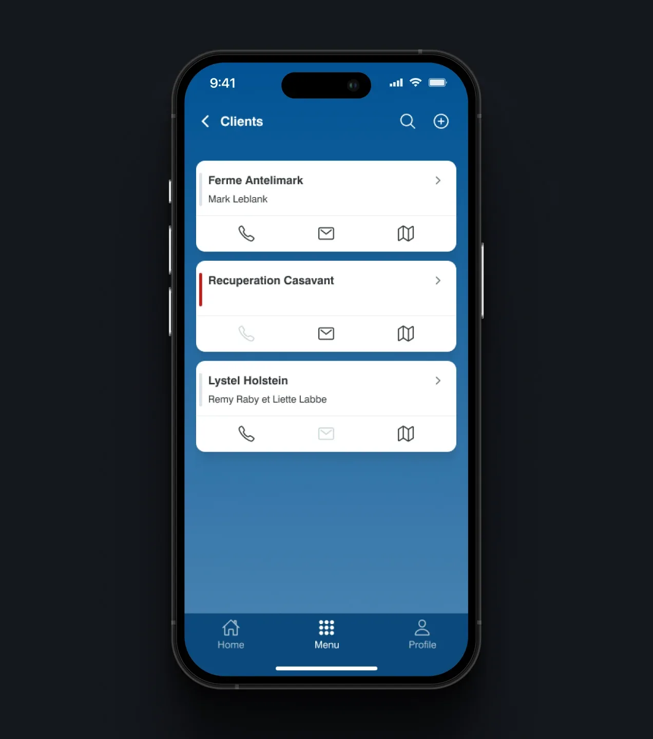 Boviteq app client list showing farms, contacts, and communication options