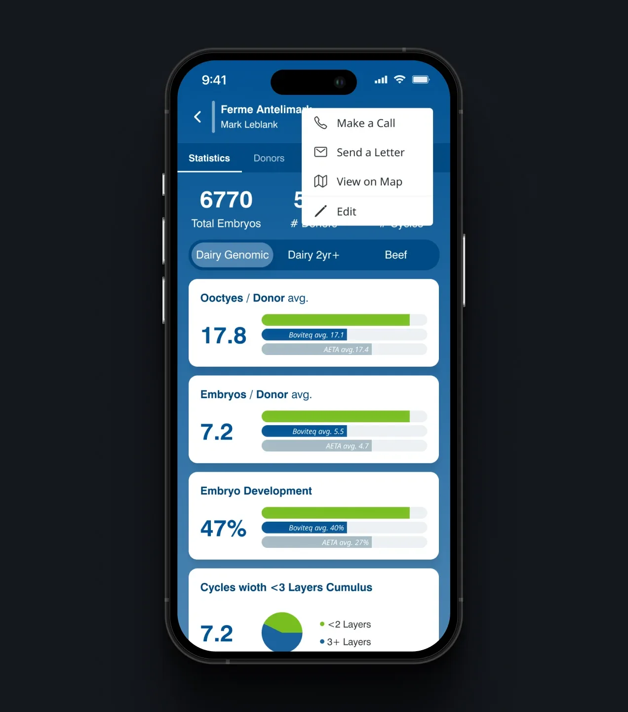 Boviteq client profile with embryo statistics and actions for calling, messaging, viewing the map, or editing