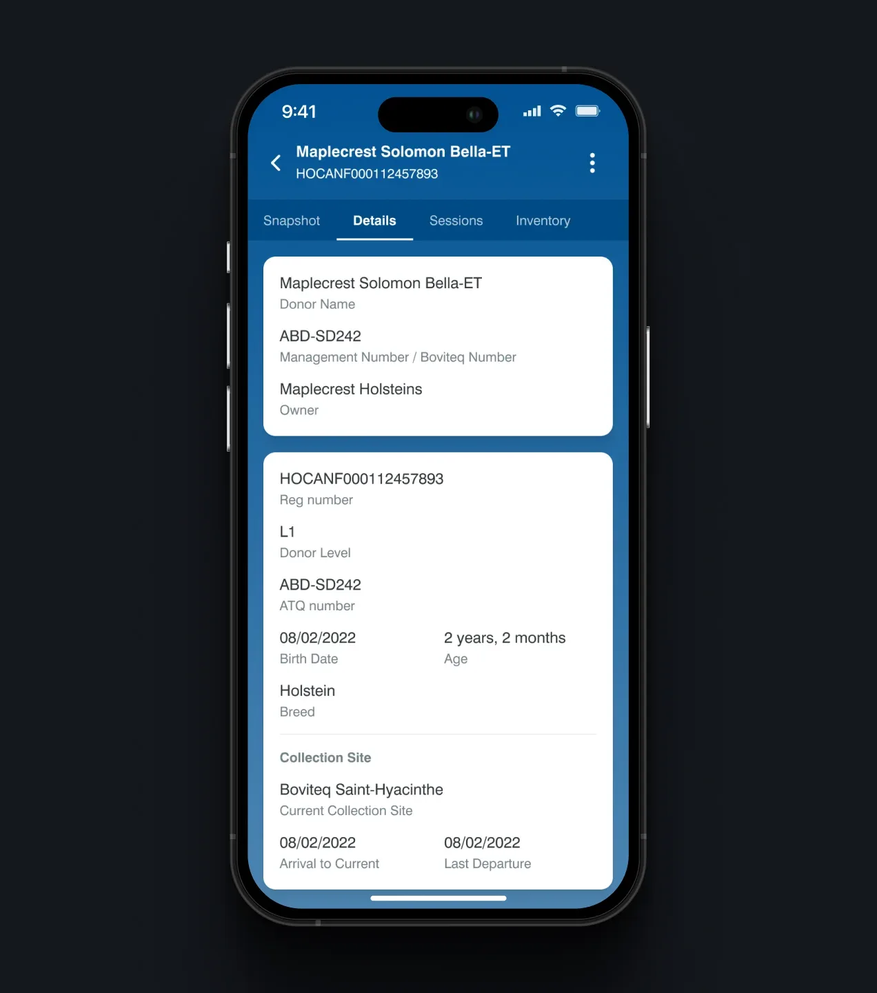 Boviteq donor details screen showing registration, breed, collection site, and ownership information