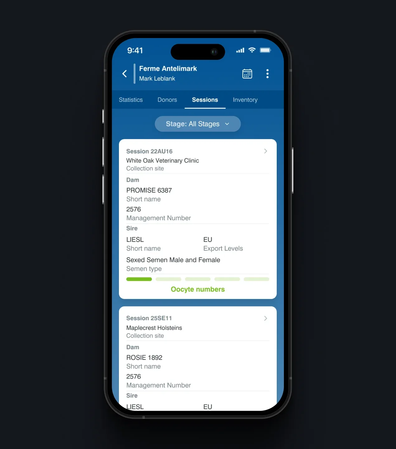 Boviteq app sessions list showing collection sites, dams, sires, semen types, and oocyte stages