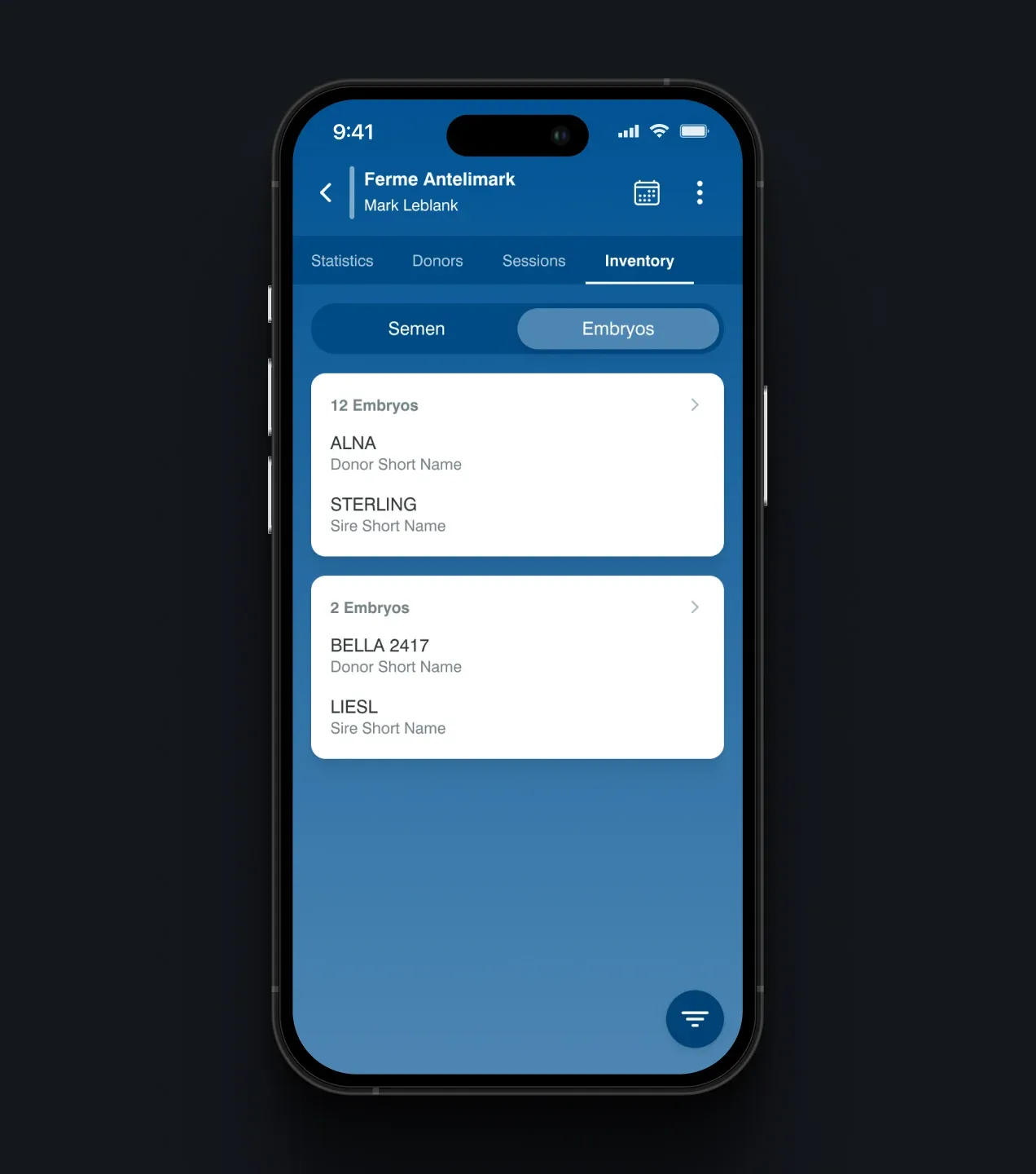 Boviteq inventory screen listing embryos by donor and sire