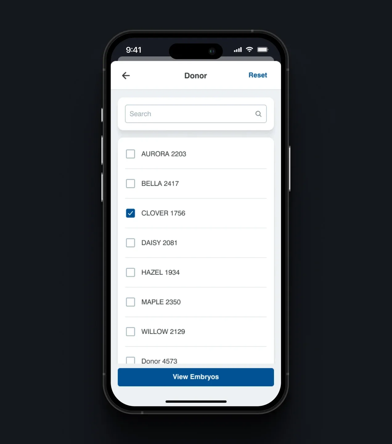 Boviteq donor selection screen with search and selectable donor names