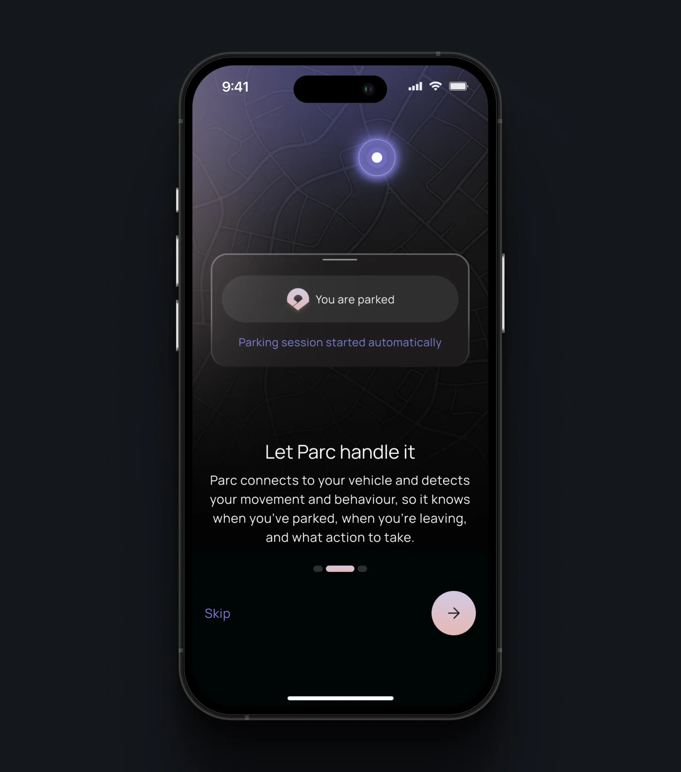 PARC onboarding screen explaining that the app detects when the user has parked and starts a parking session automatically