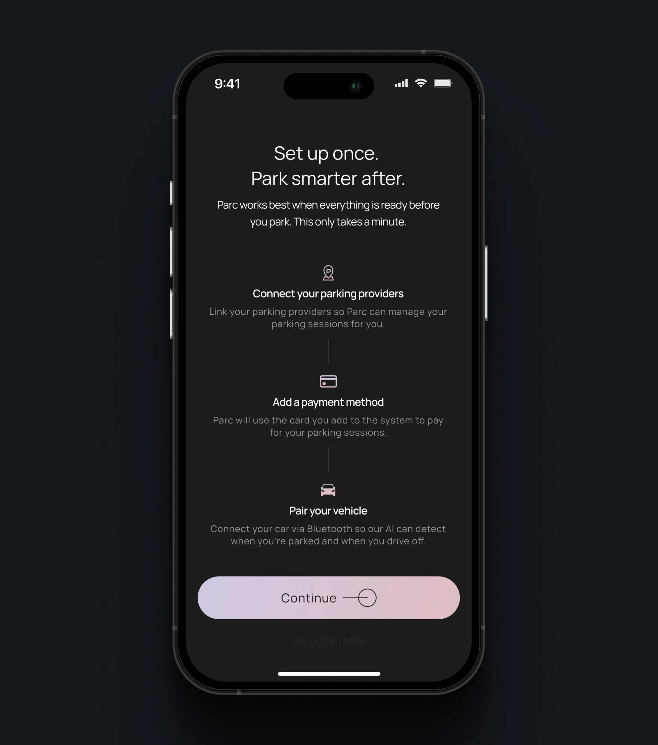 PARC setup screen prompting the user to connect parking providers, add a payment method, and pair a vehicle
