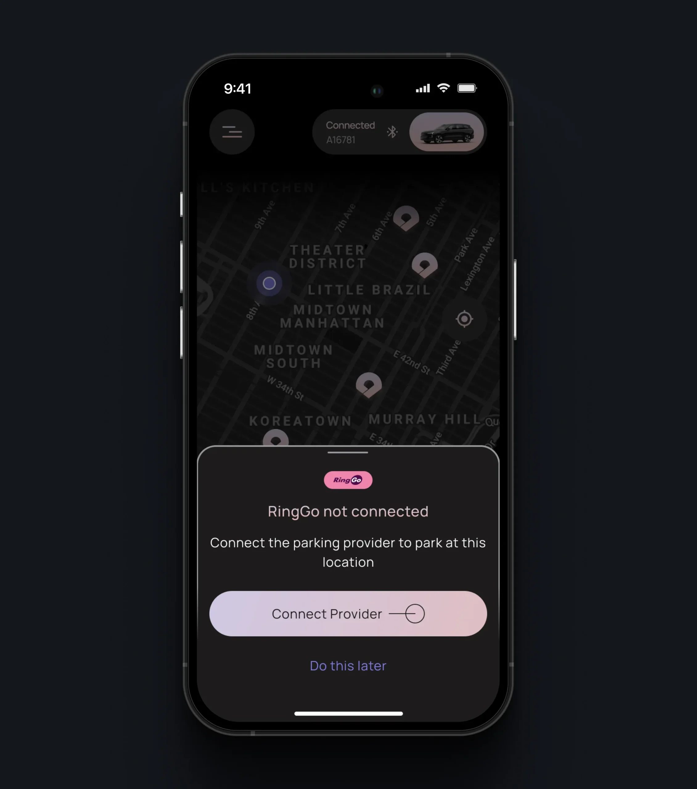 PARC parking map with a notification that RingGo is not connected and a button to connect the provider