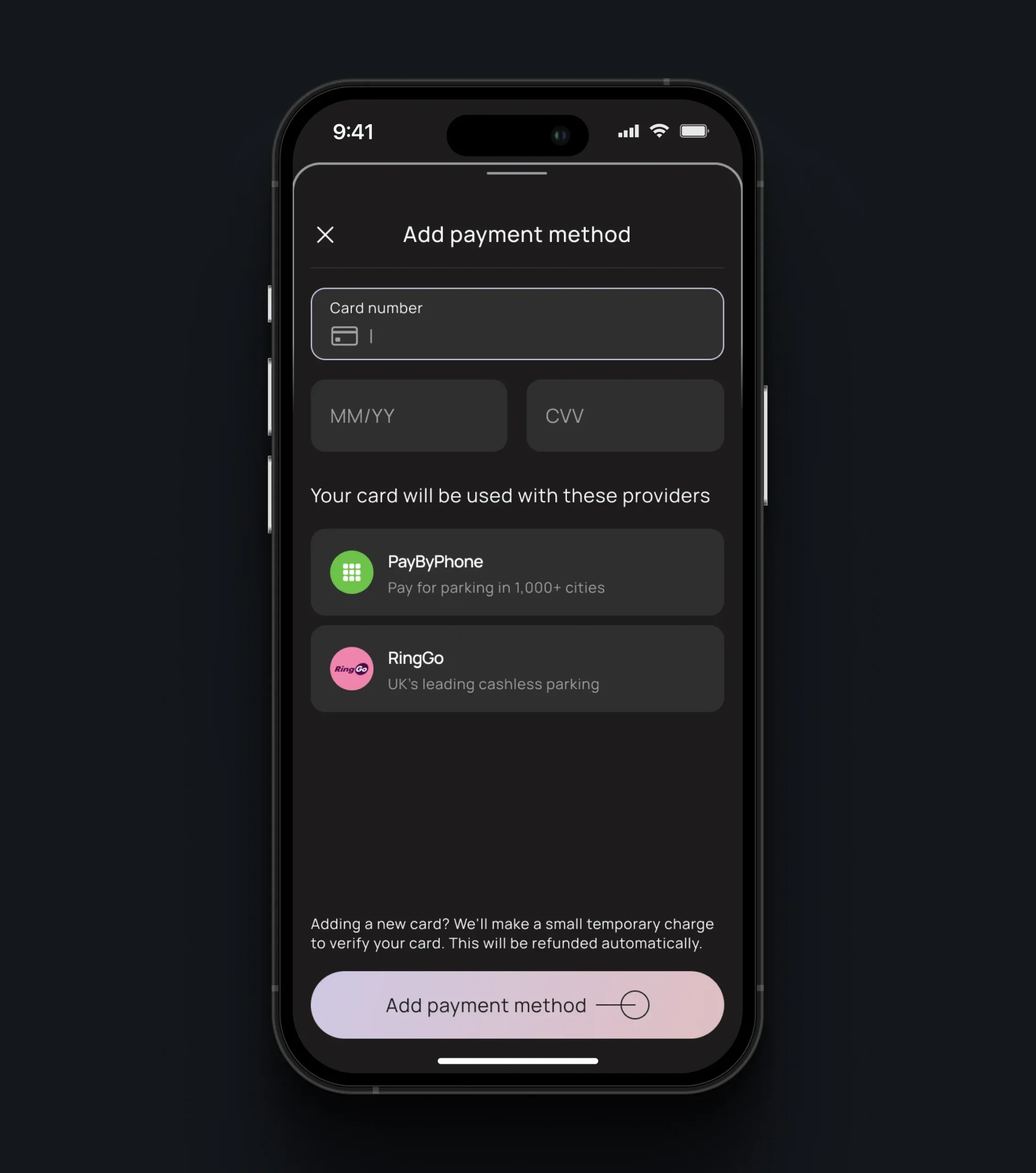 PARC payment screen for adding a card and connecting it to PayByPhone and RingGo