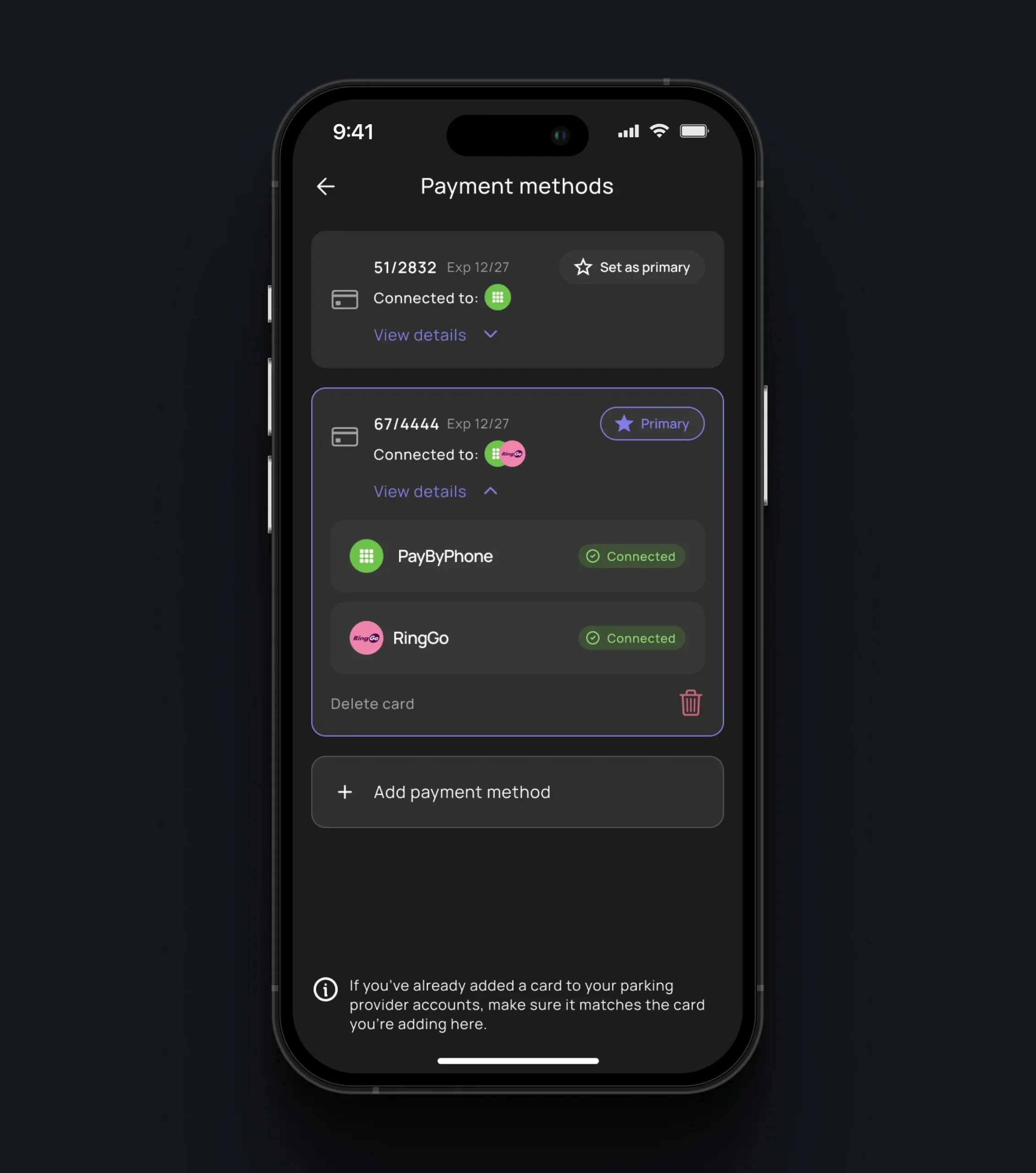 PARC payment methods screen showing saved cards, connected parking providers, and the primary card