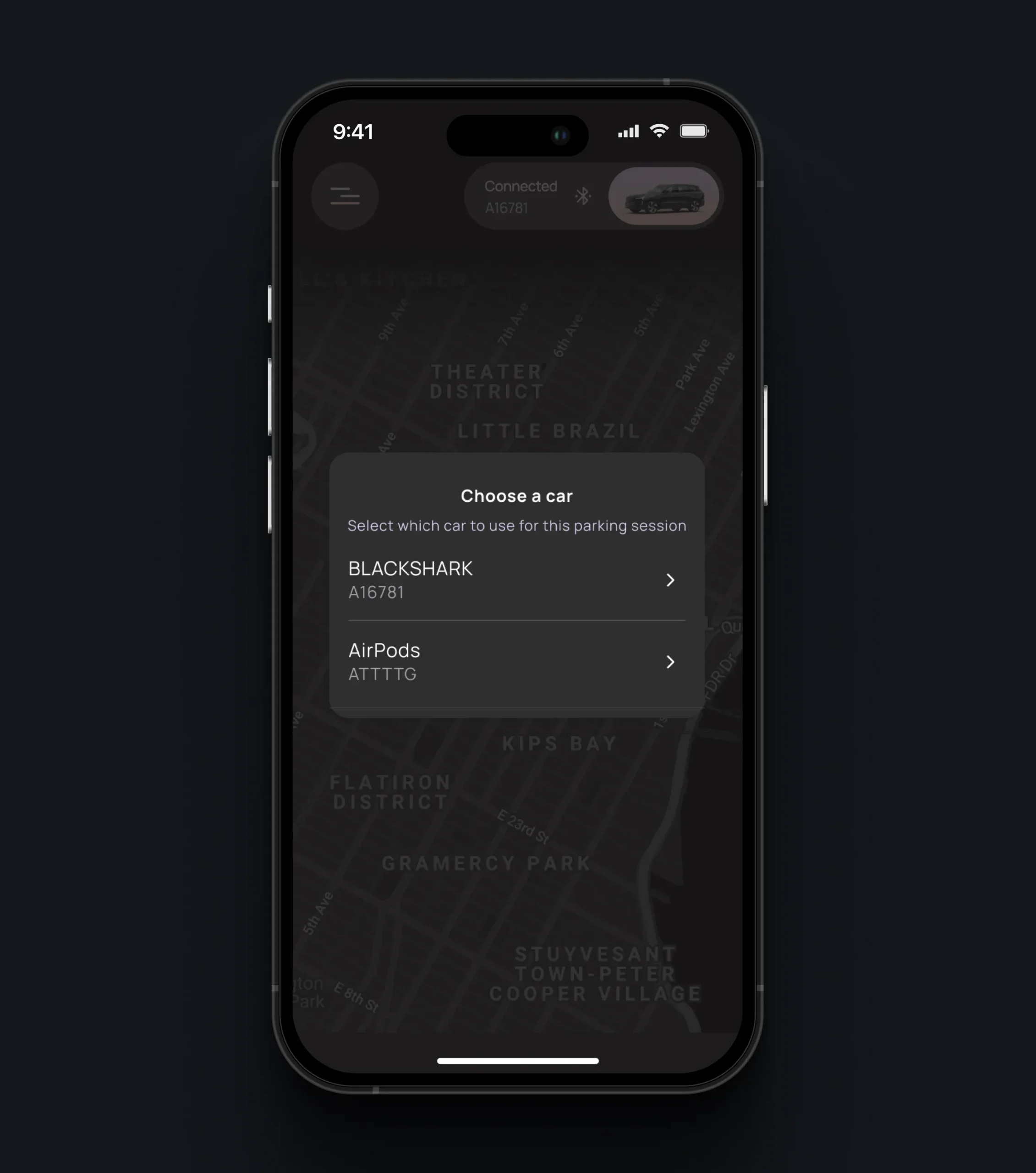 PARC dialog for selecting a car for a parking session, listing BLACKSHARK and AirPods