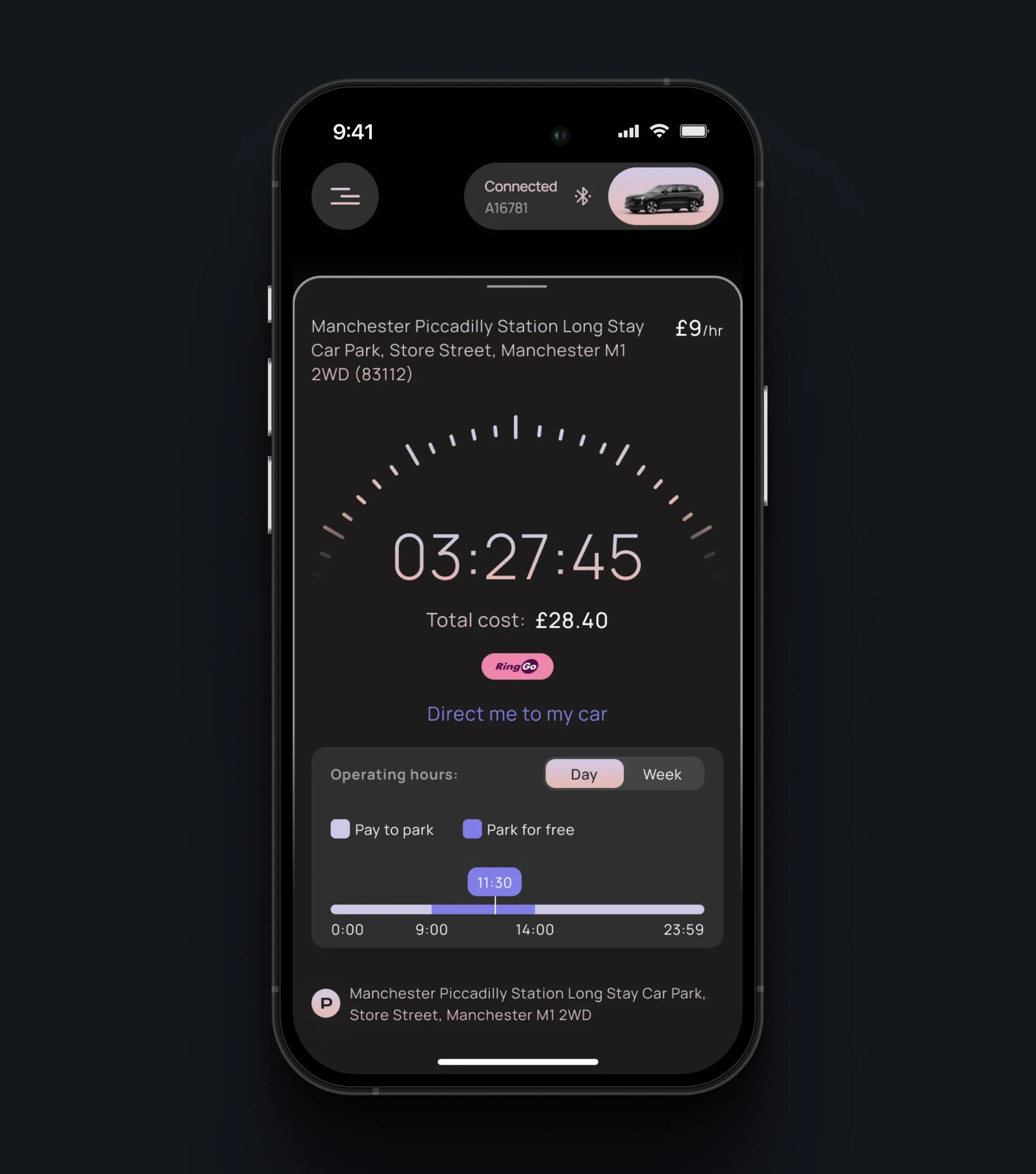 PARC active parking session screen showing elapsed time, total cost, parking location, and a link to the car