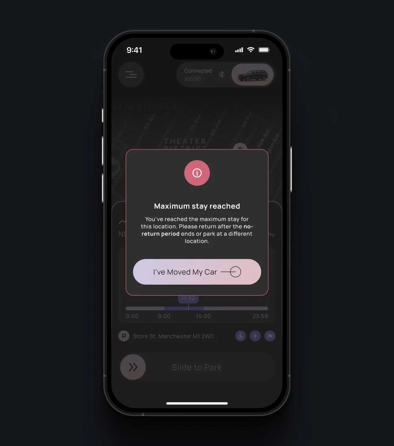 PARC alert stating that the maximum parking stay has been reached and asking the user to move the car