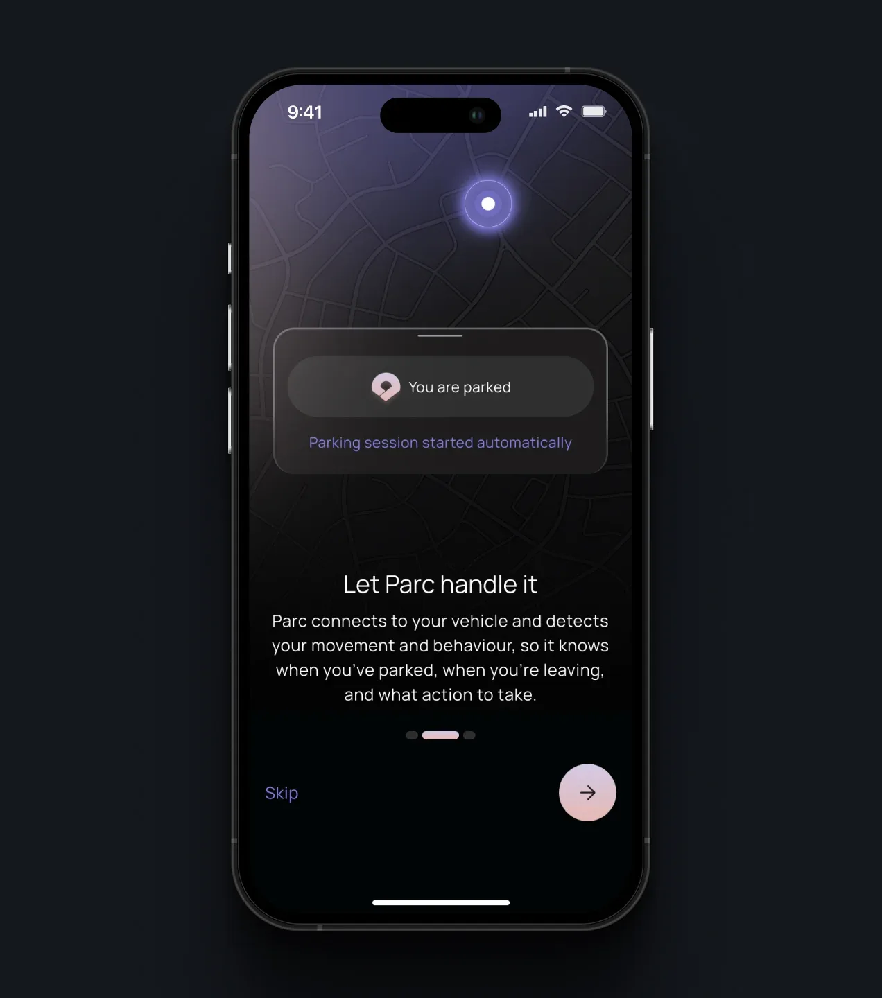 PARC onboarding screen explaining that the app detects when the user has parked and starts a parking session automatically