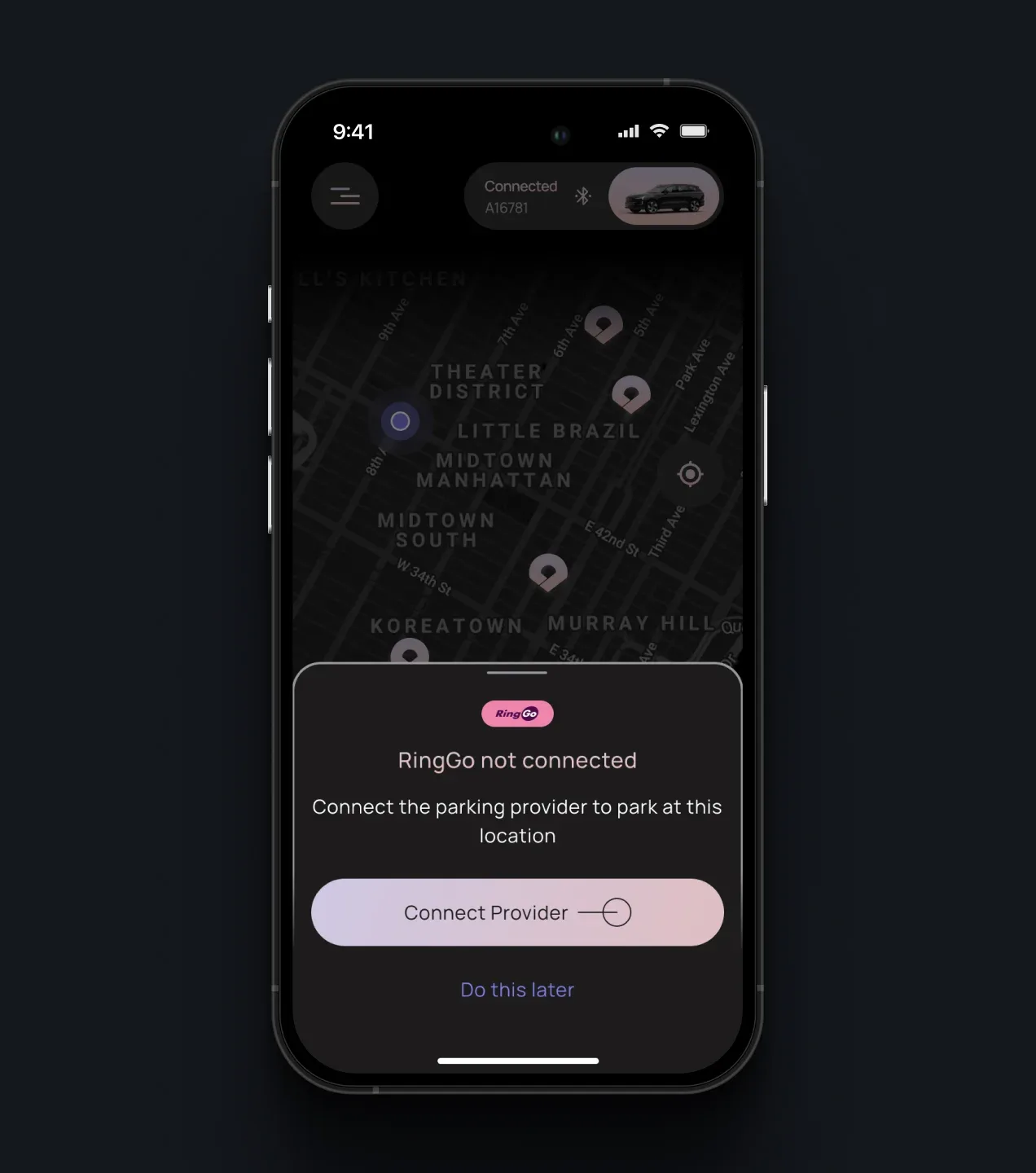 PARC parking map with a notification that RingGo is not connected and a button to connect the provider