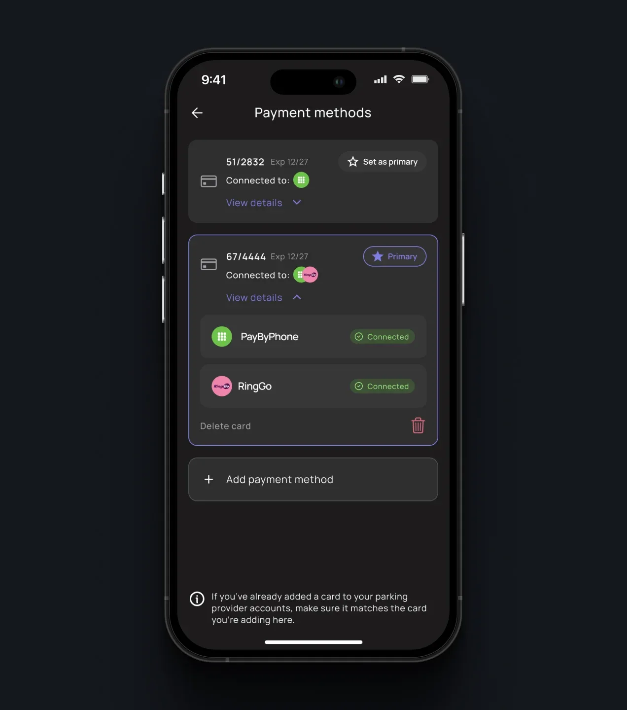 PARC payment methods screen showing saved cards, connected parking providers, and the primary card