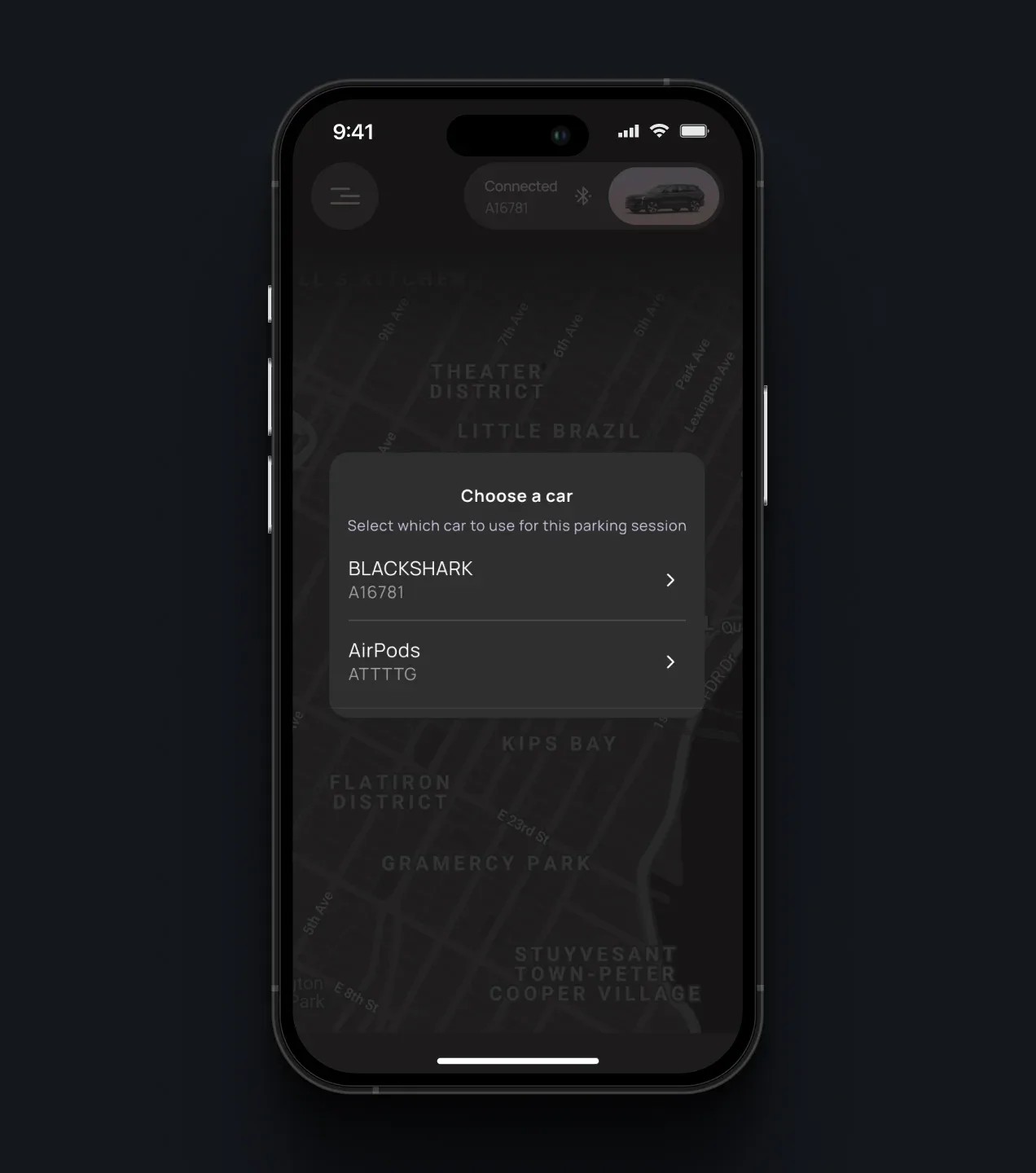 PARC dialog for selecting a car for a parking session, listing BLACKSHARK and AirPods