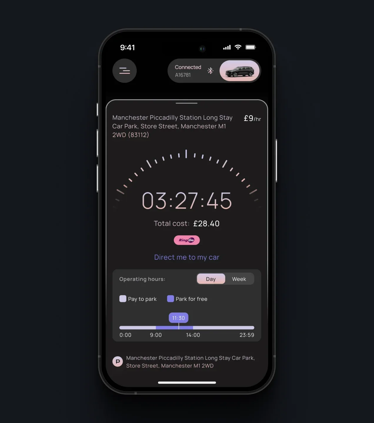 PARC active parking session screen showing elapsed time, total cost, parking location, and a link to the car
