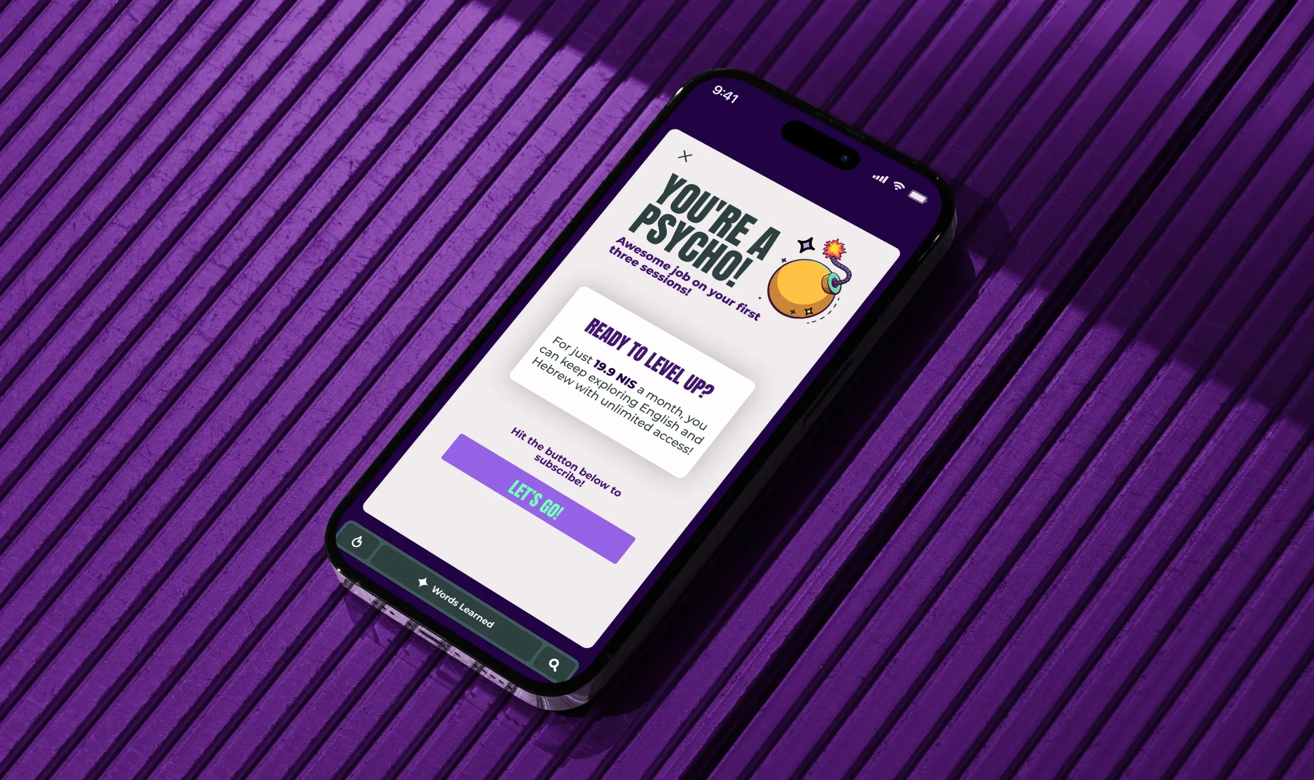 Smartphone showing the Psycho app subscription screen with English and Hebrew learning access