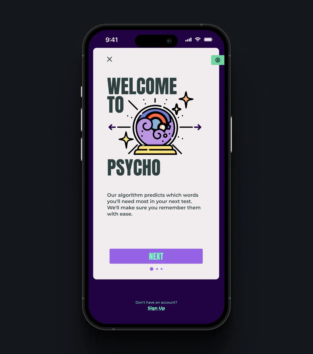 Psycho app welcome screen explaining personalized vocabulary predictions with a Next button