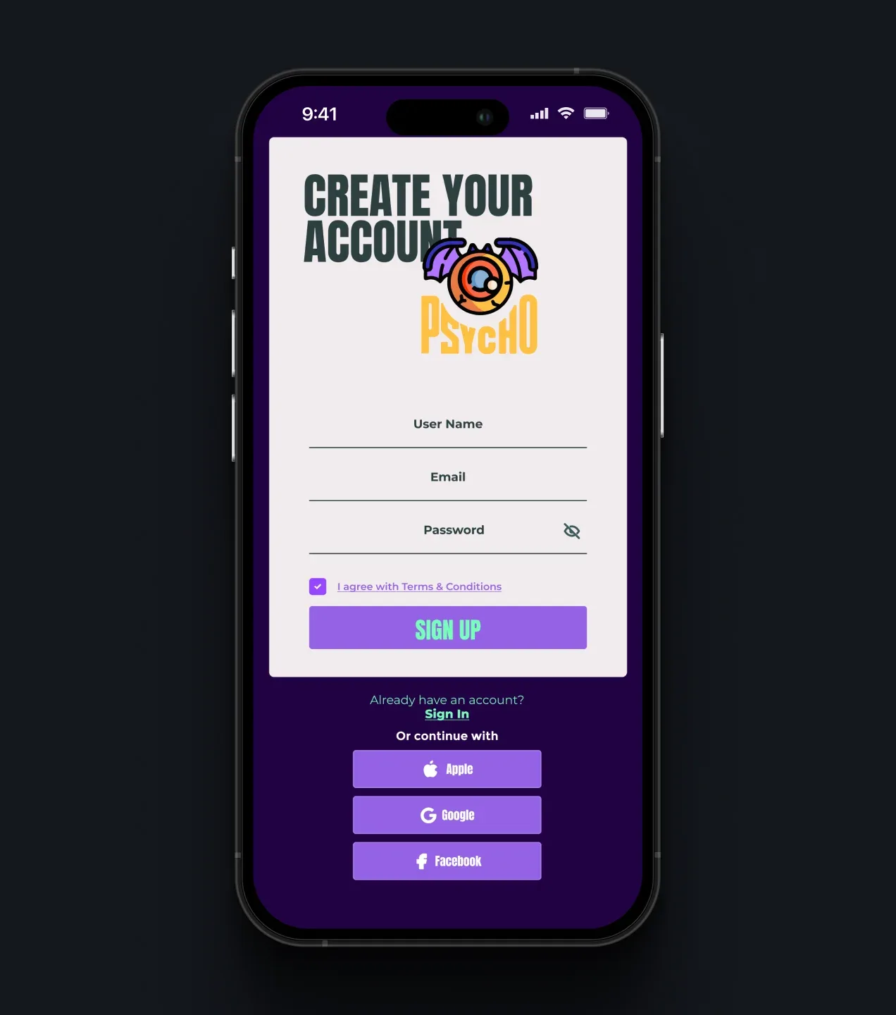 Psycho account creation screen with username, email, password, terms agreement, and social sign-in options