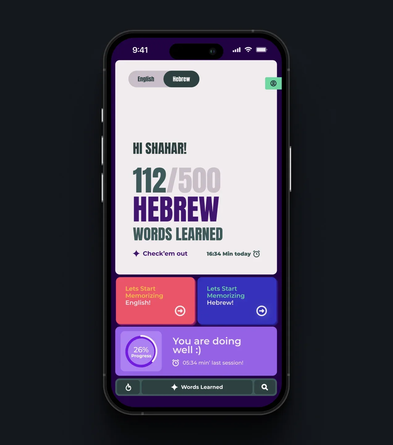 Psycho app dashboard showing Hebrew vocabulary progress, language selection, and memorization options