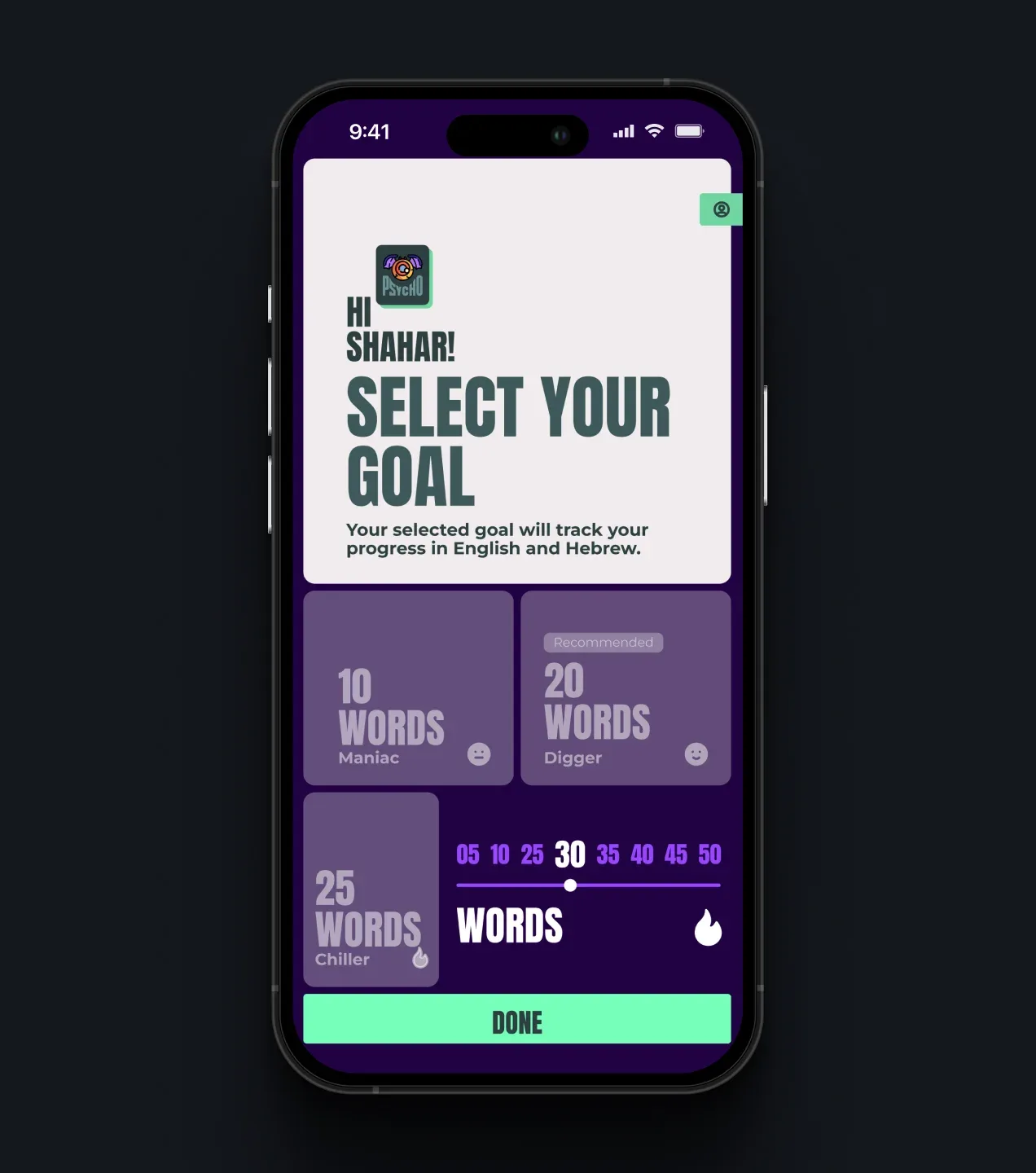 Psycho goal selection screen with daily vocabulary targets from 10 to 50 words