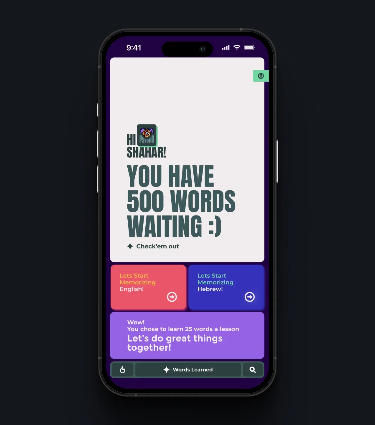 Psycho app home screen showing 500 available words and buttons to start English or Hebrew memorization