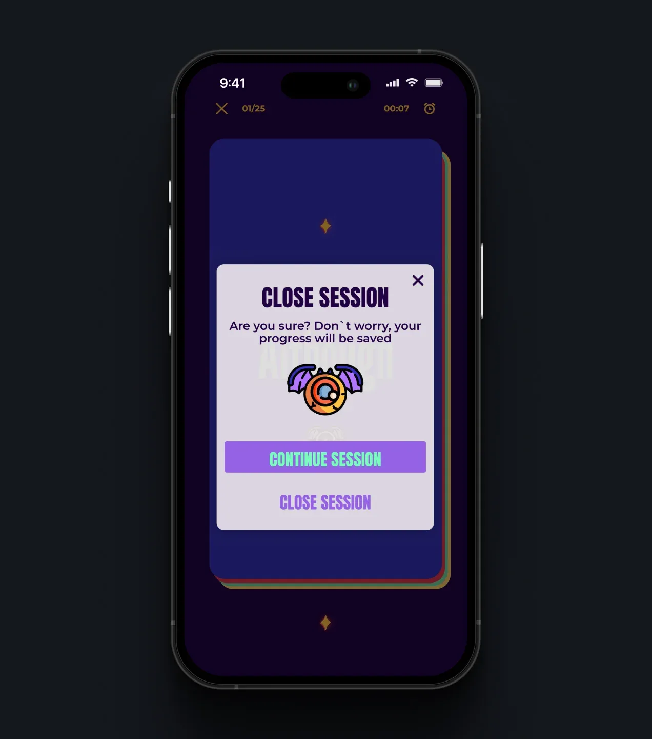 Psycho app confirmation modal asking whether to continue or close the current learning session