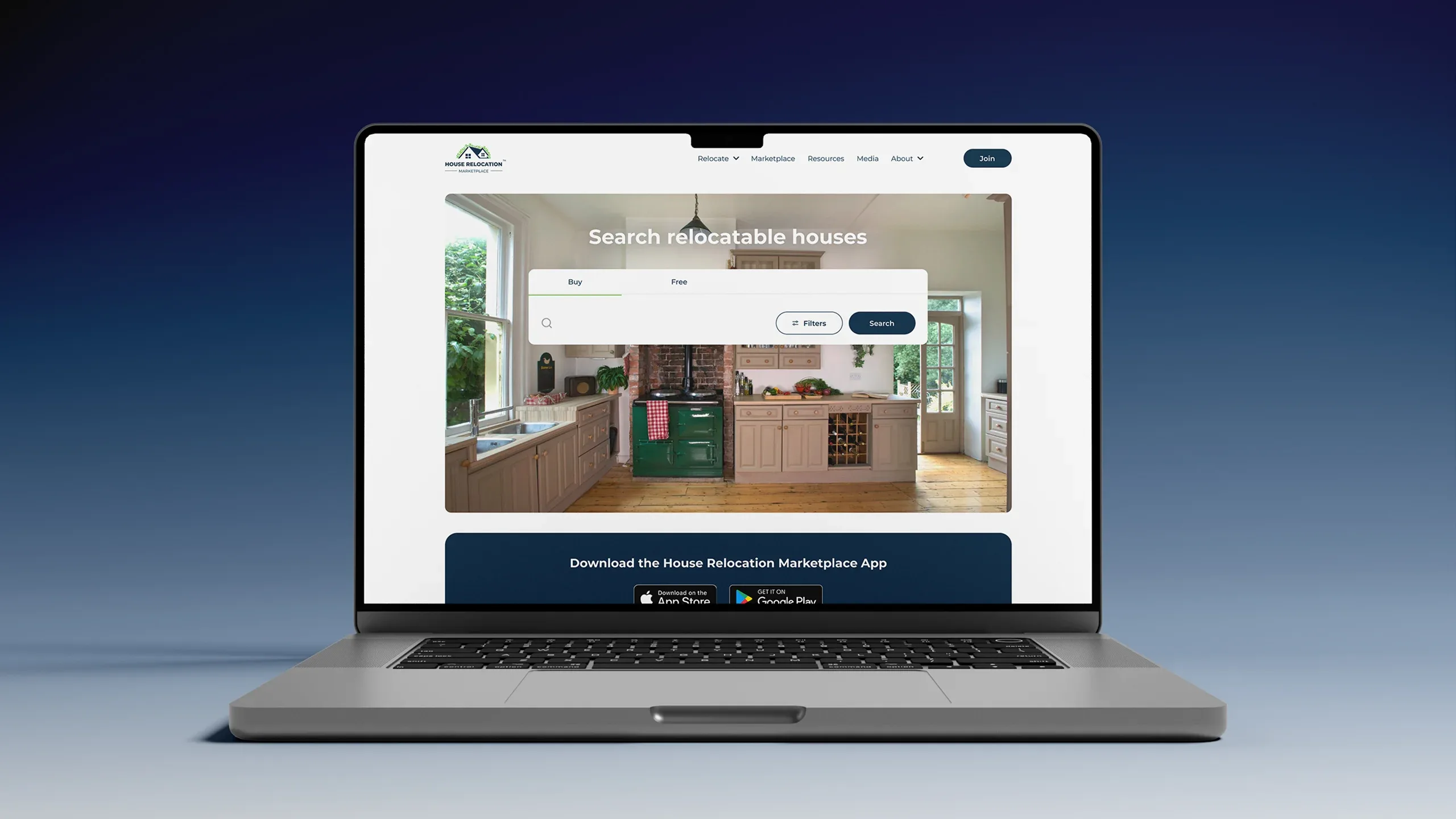 House Relocation Marketplace website shown on a laptop with a relocatable house search form