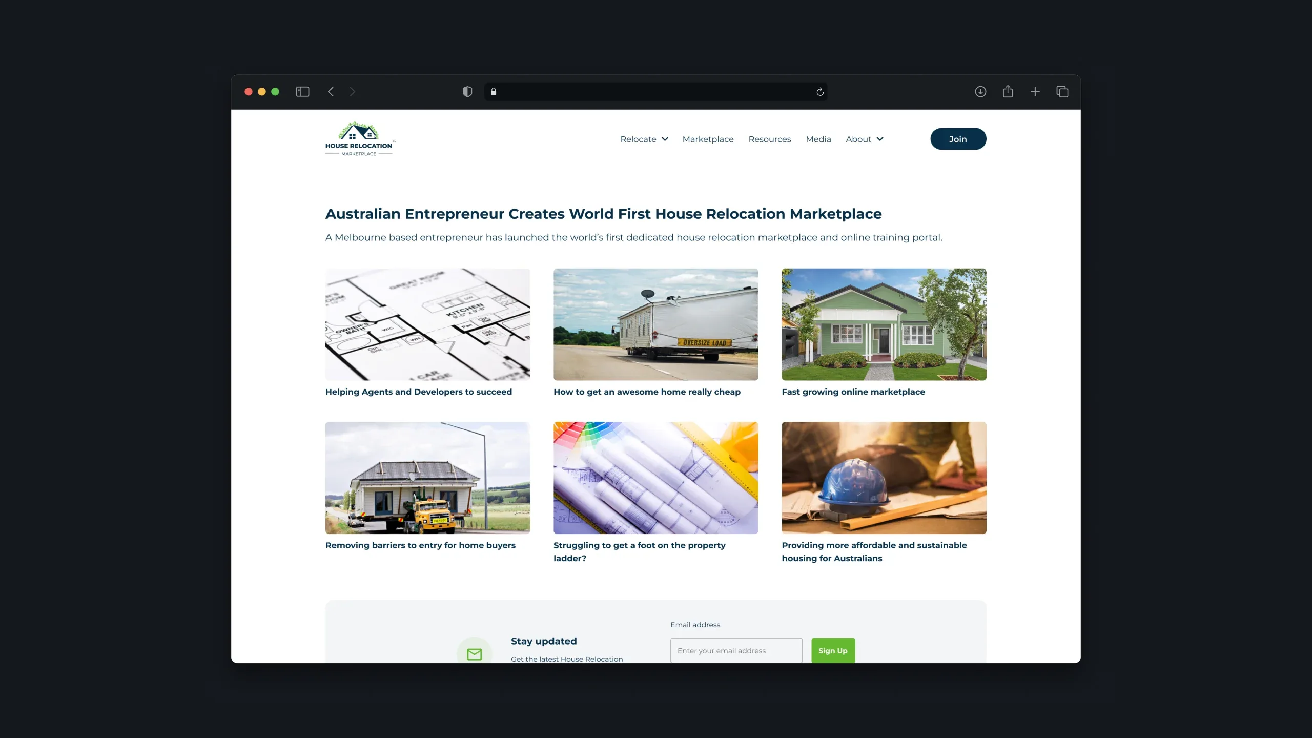 House Relocation Marketplace article page with home relocation news and resources