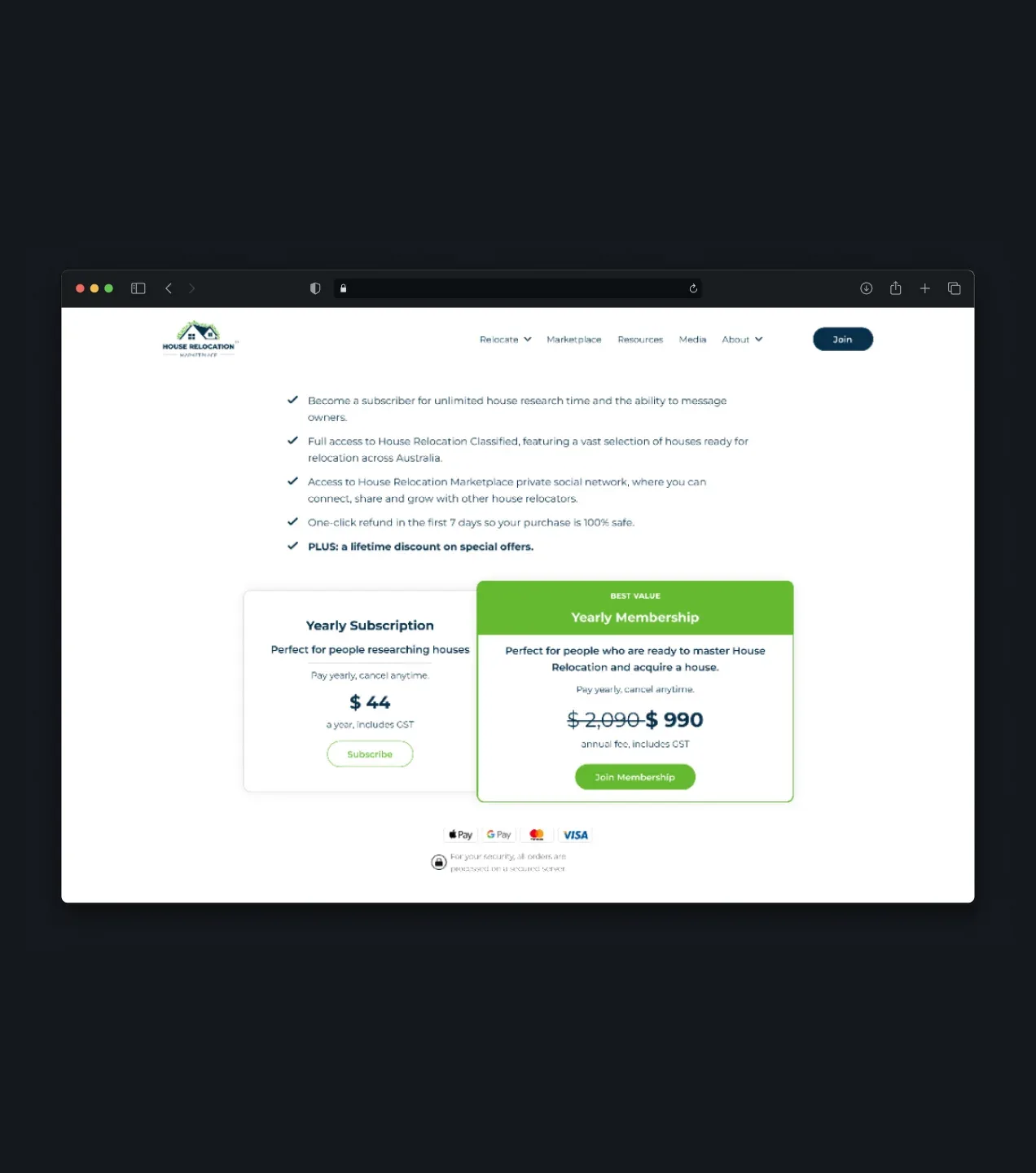 House Relocation Marketplace membership plans with yearly subscription pricing