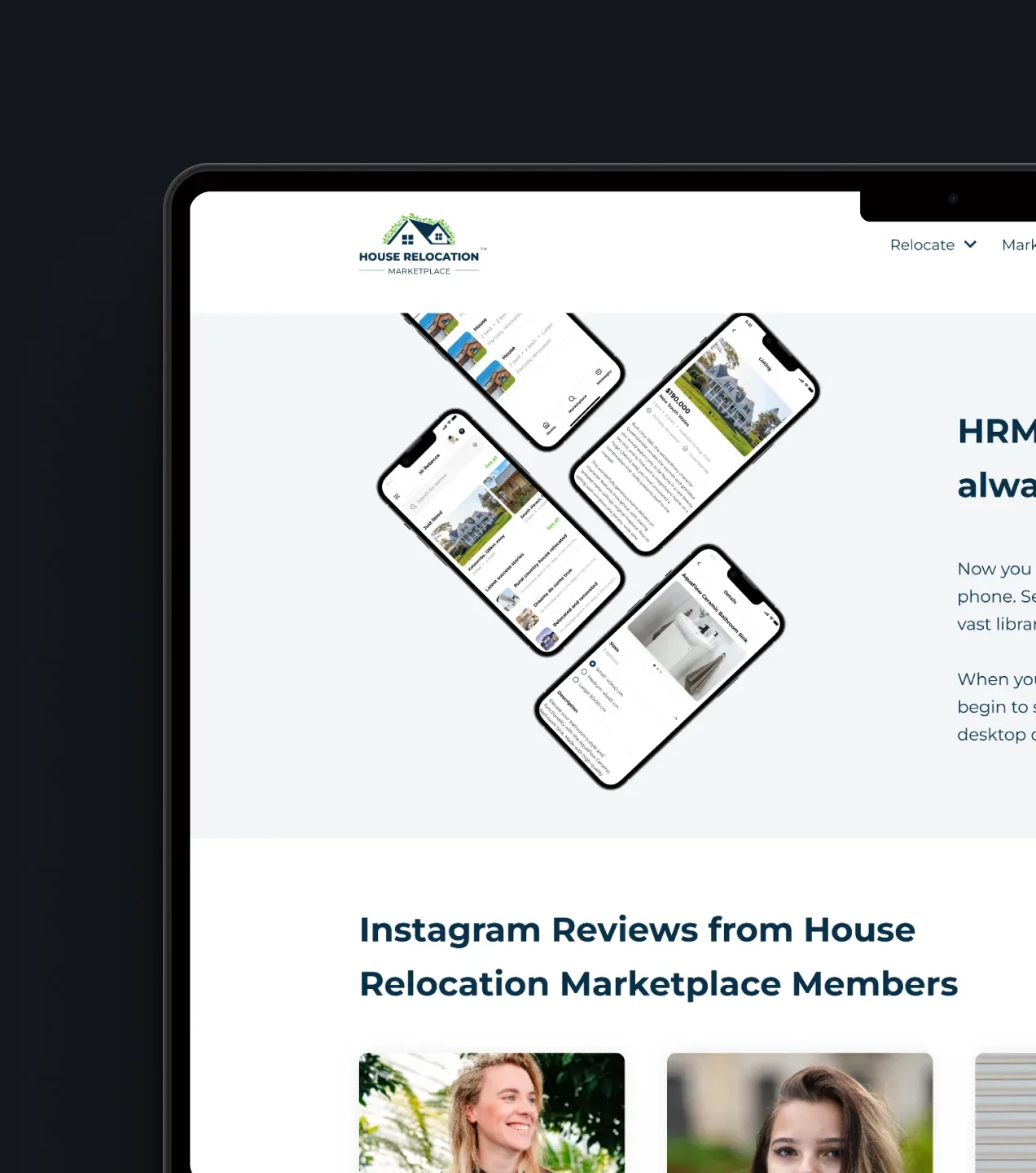 House Relocation Marketplace page showing mobile app screens and member Instagram reviews