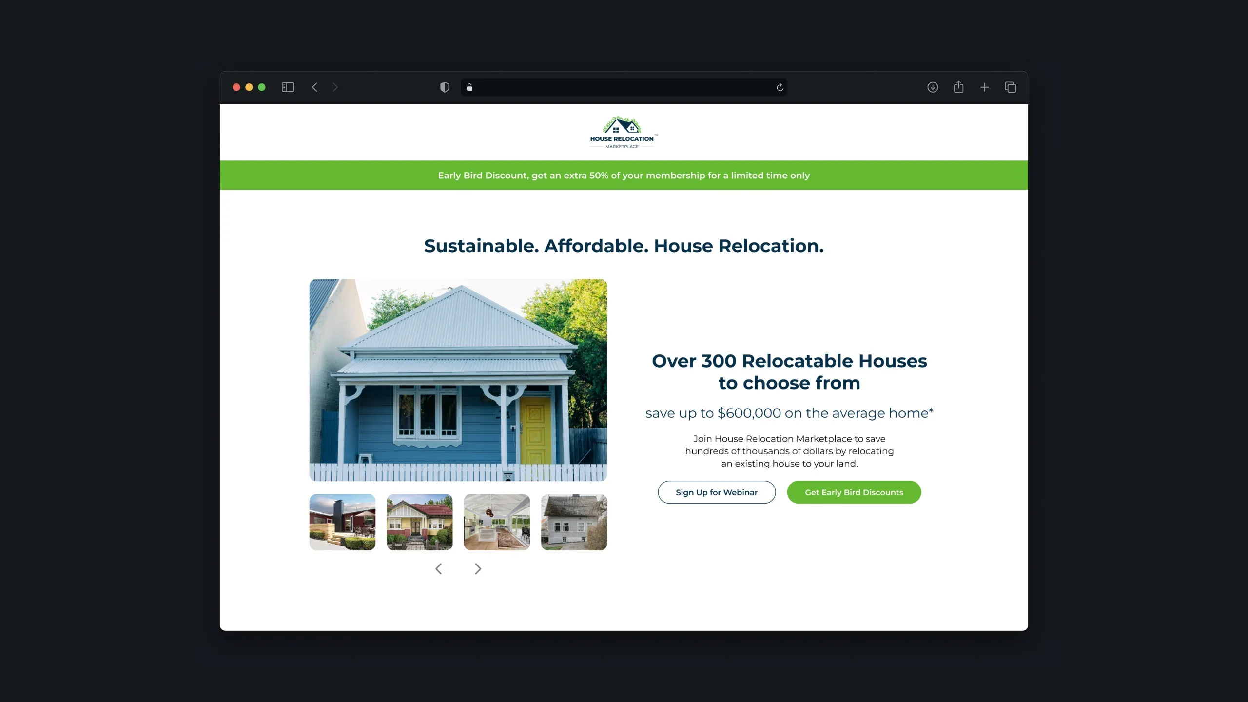 House Relocation Marketplace landing page promoting relocatable homes and membership discounts