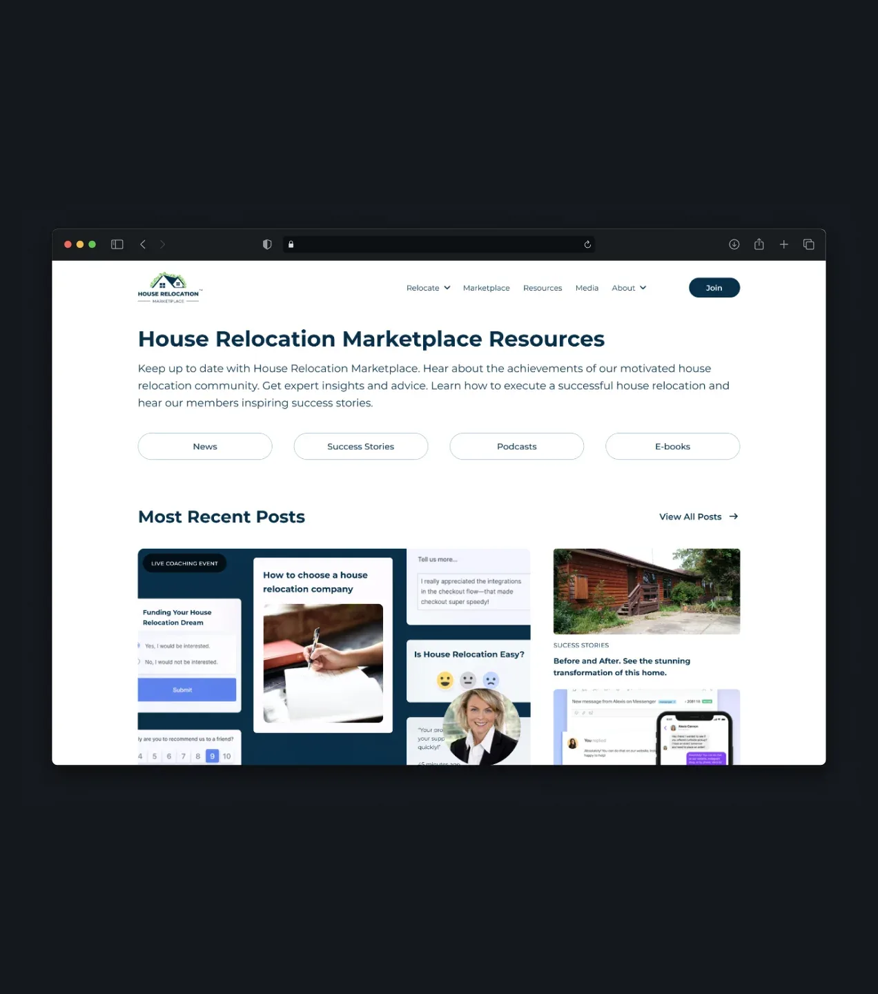 House Relocation Marketplace resources page with recent posts and category filters