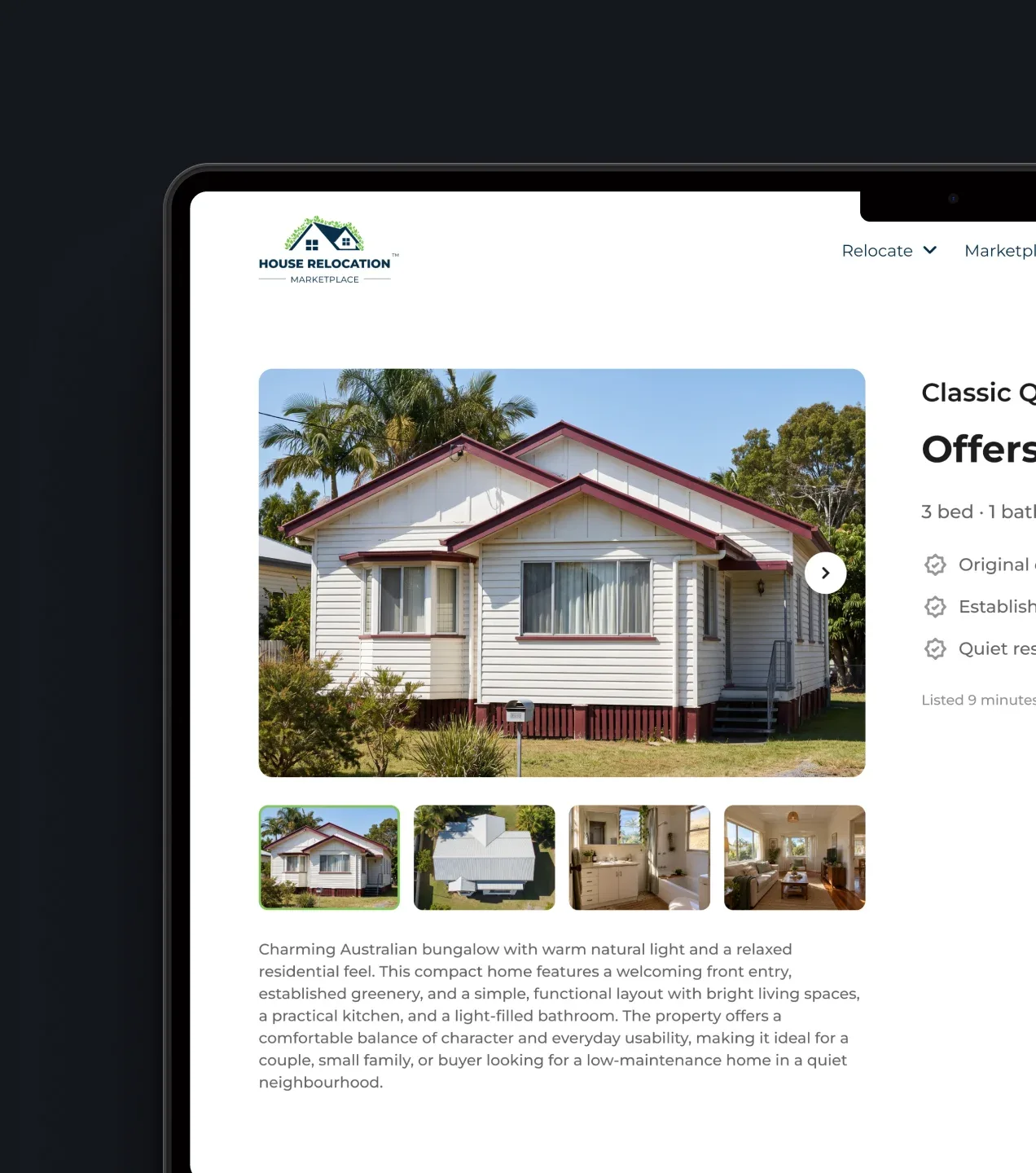 House listing page for a white Australian bungalow with property photos