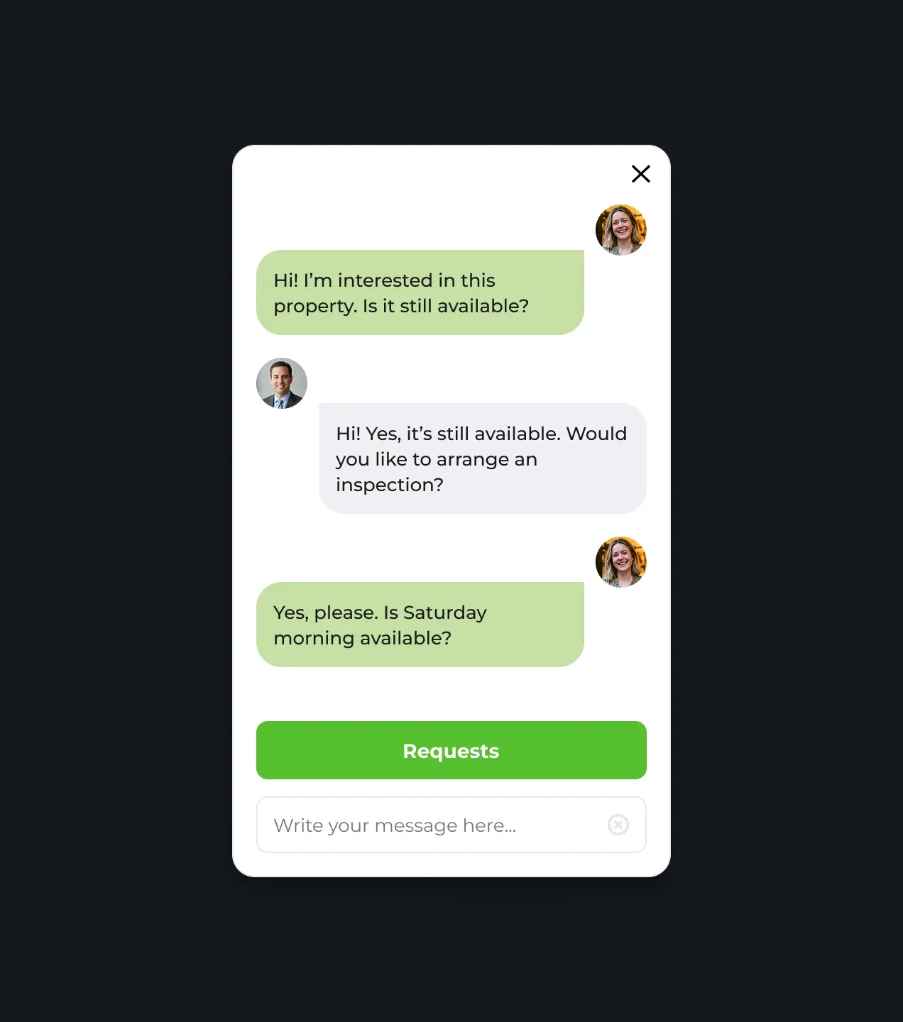 Mobile messaging interface for arranging an inspection of a listed property