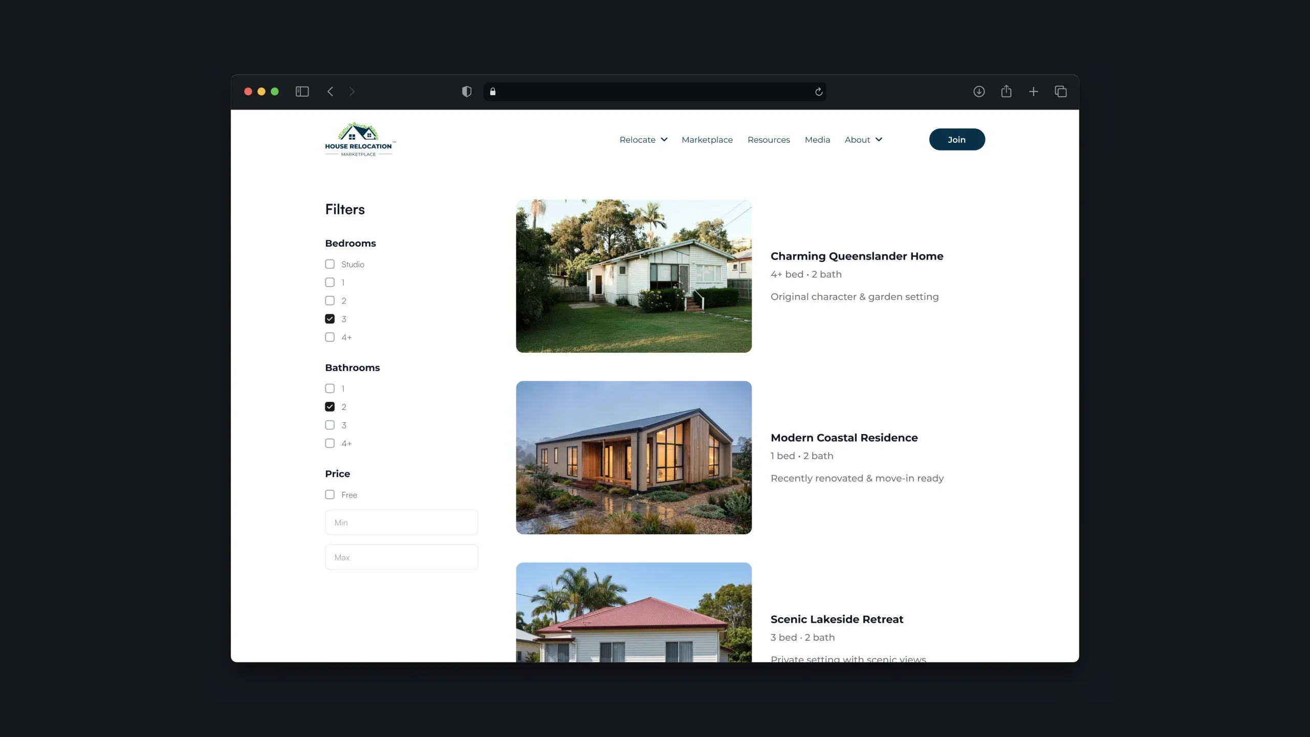 House Relocation Marketplace property search results with bedroom, bathroom and price filters