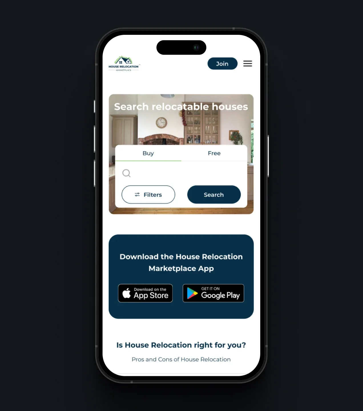 Mobile House Relocation Marketplace homepage with a relocatable house search form