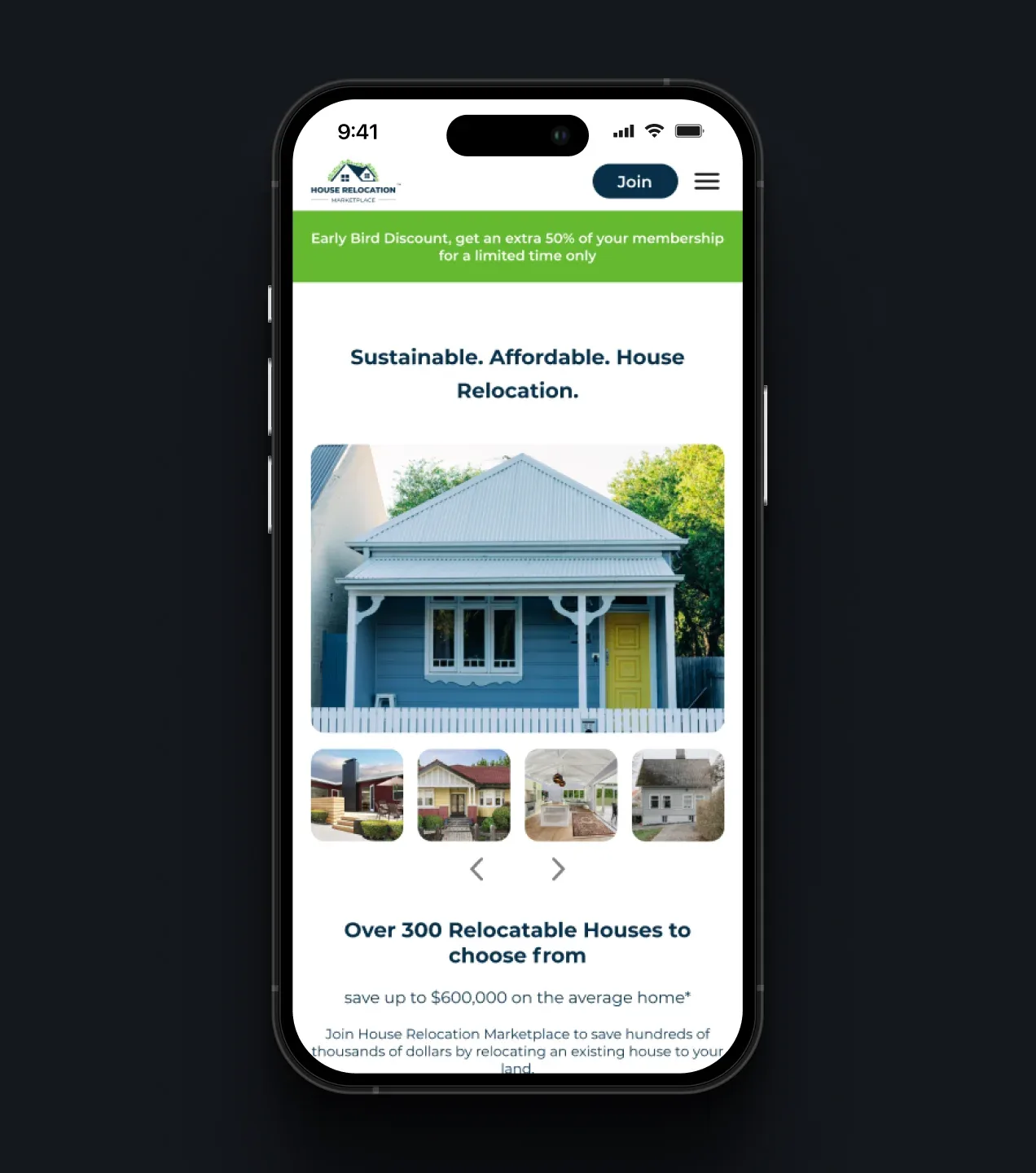 Mobile House Relocation Marketplace page promoting affordable and sustainable house relocation
