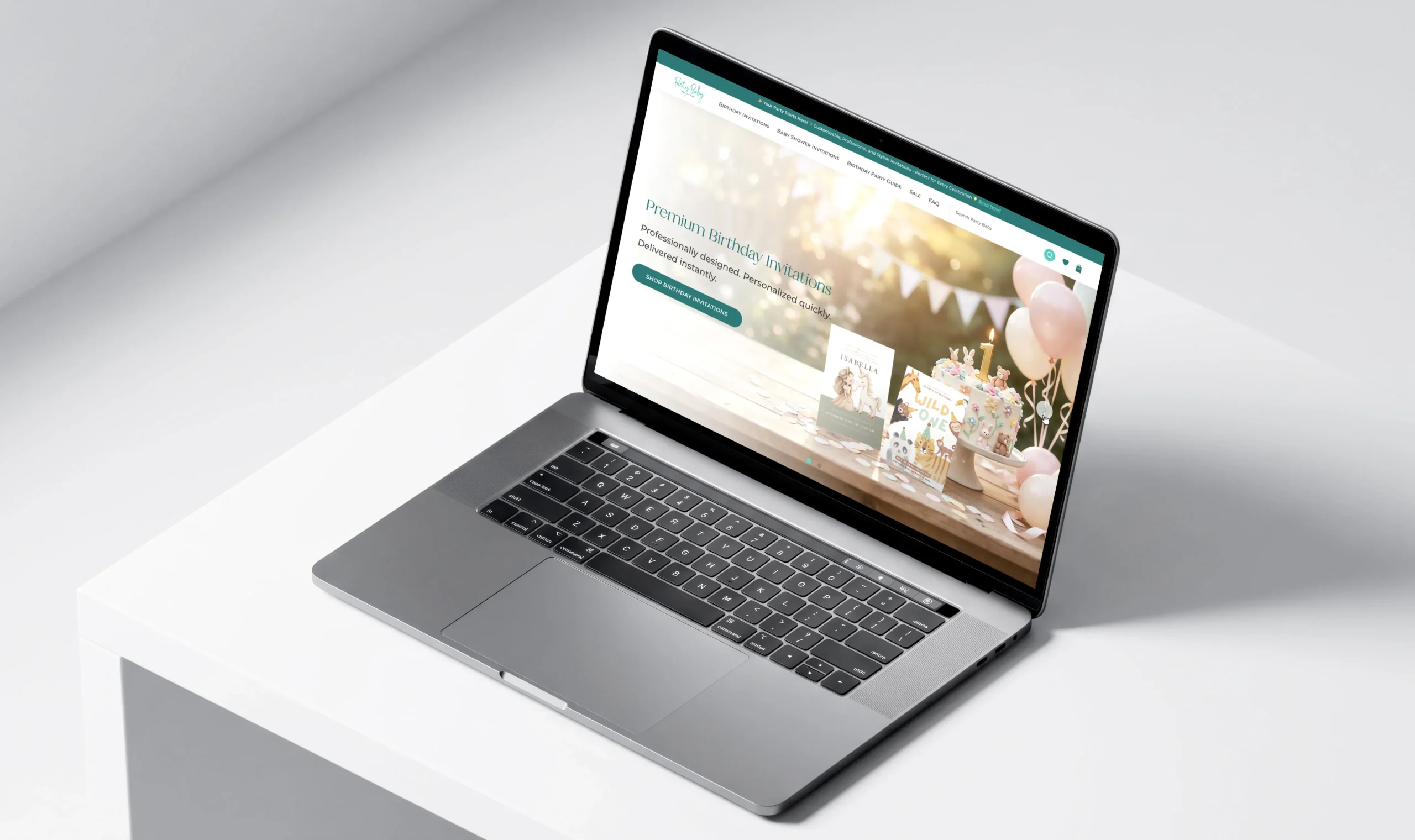Digital birthday invitation store homepage displayed on a laptop