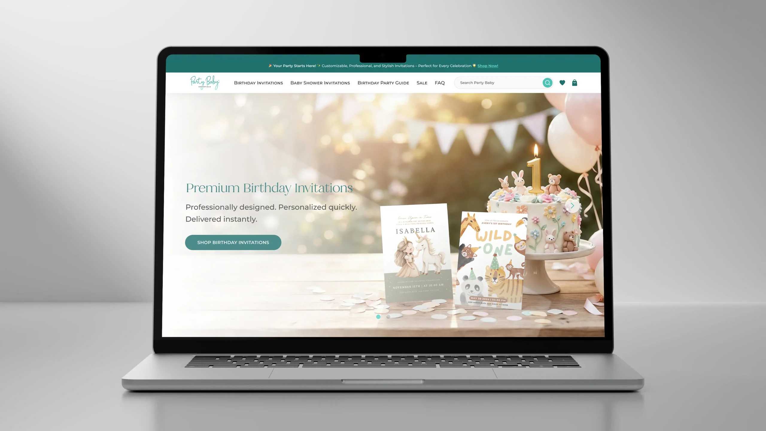 Birthday invitation e-commerce website shown on a front-facing laptop