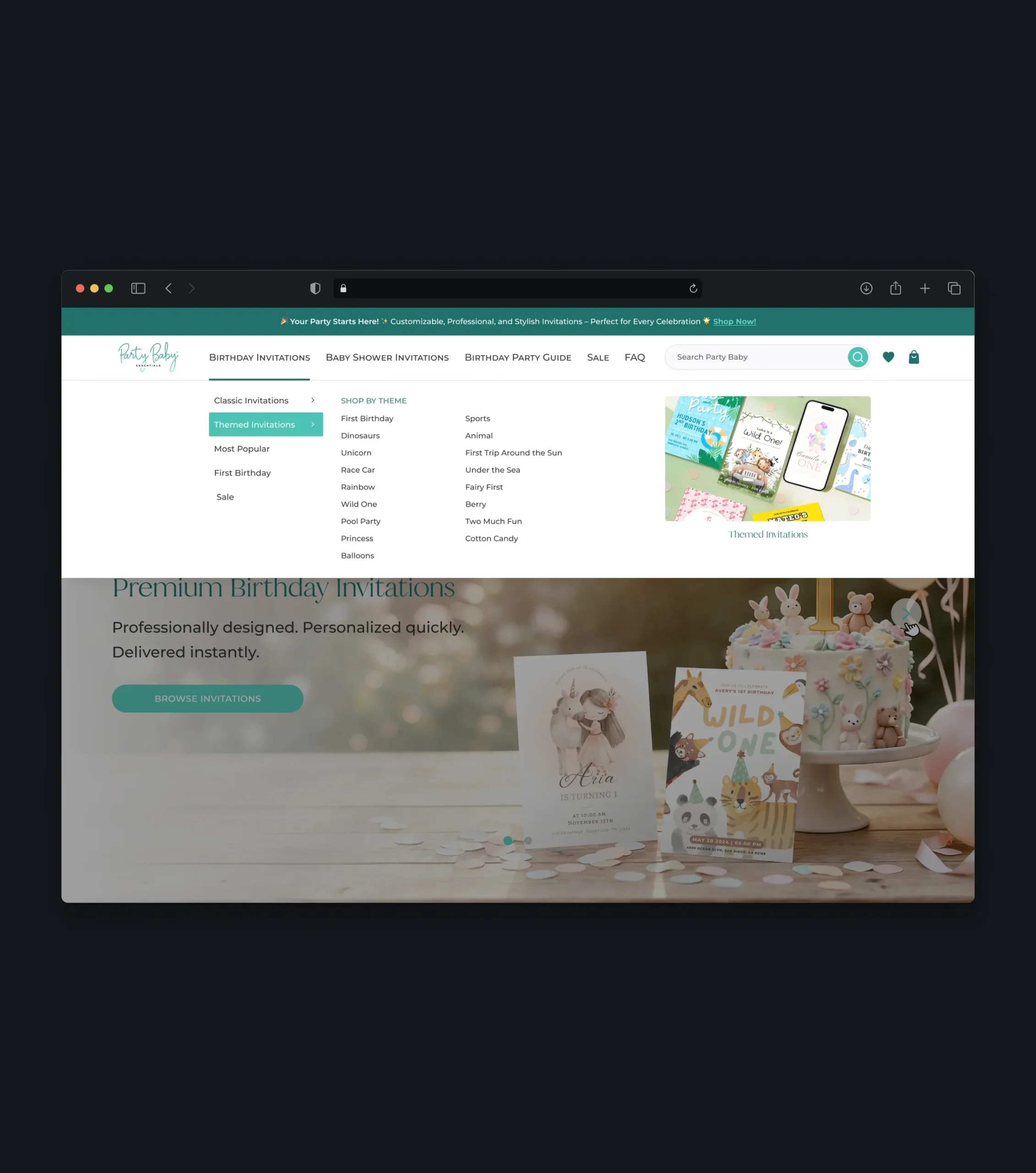 Birthday invitation homepage with navigation menu and themed products