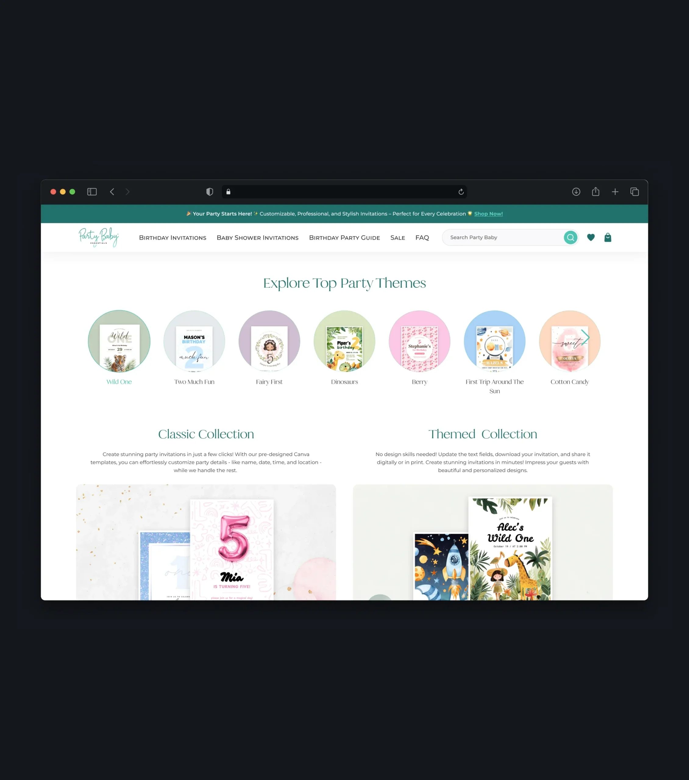 Birthday invitation website showing popular themes and collections