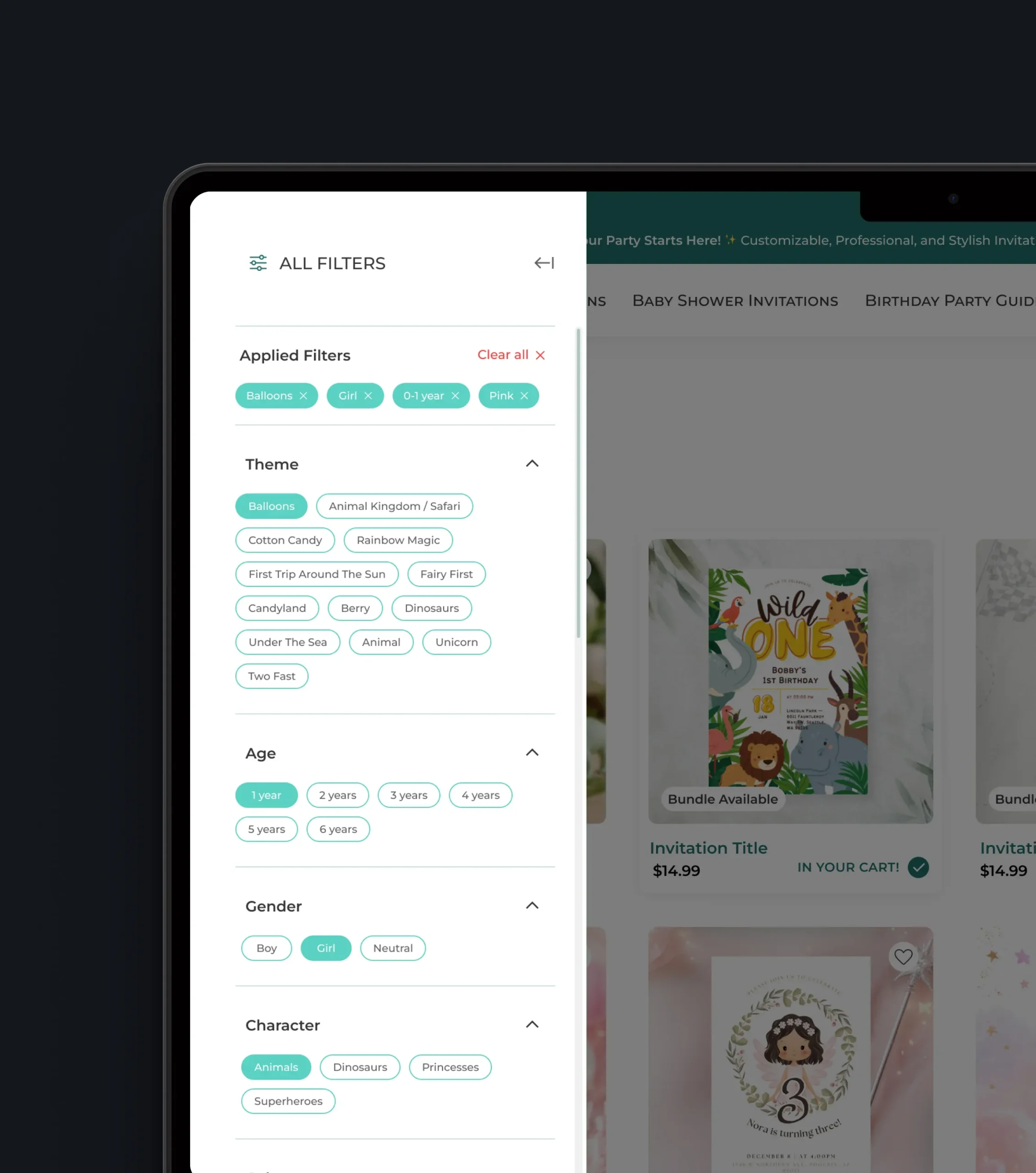 Mobile filter panel with theme, age, gender, and character options