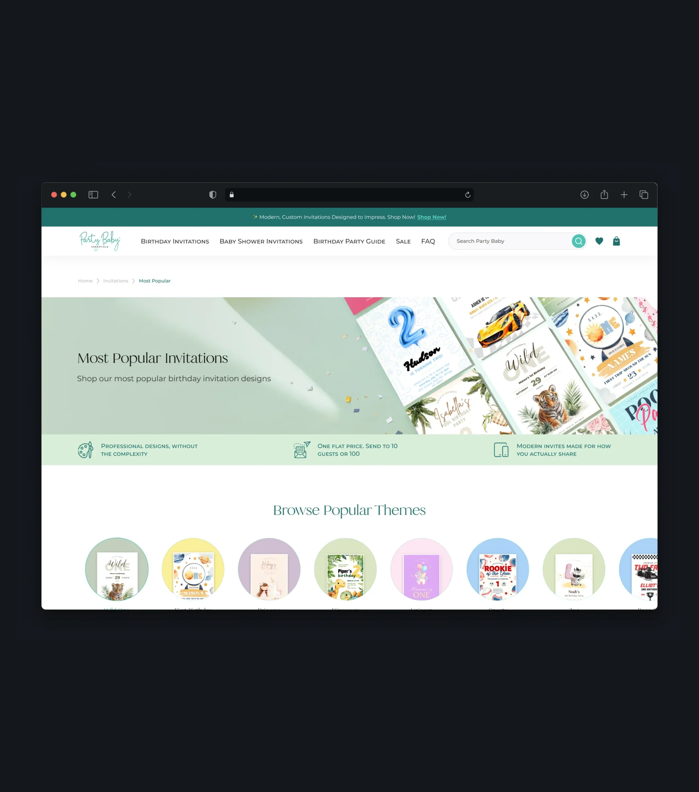 Popular birthday invitations page with themed invitation categories