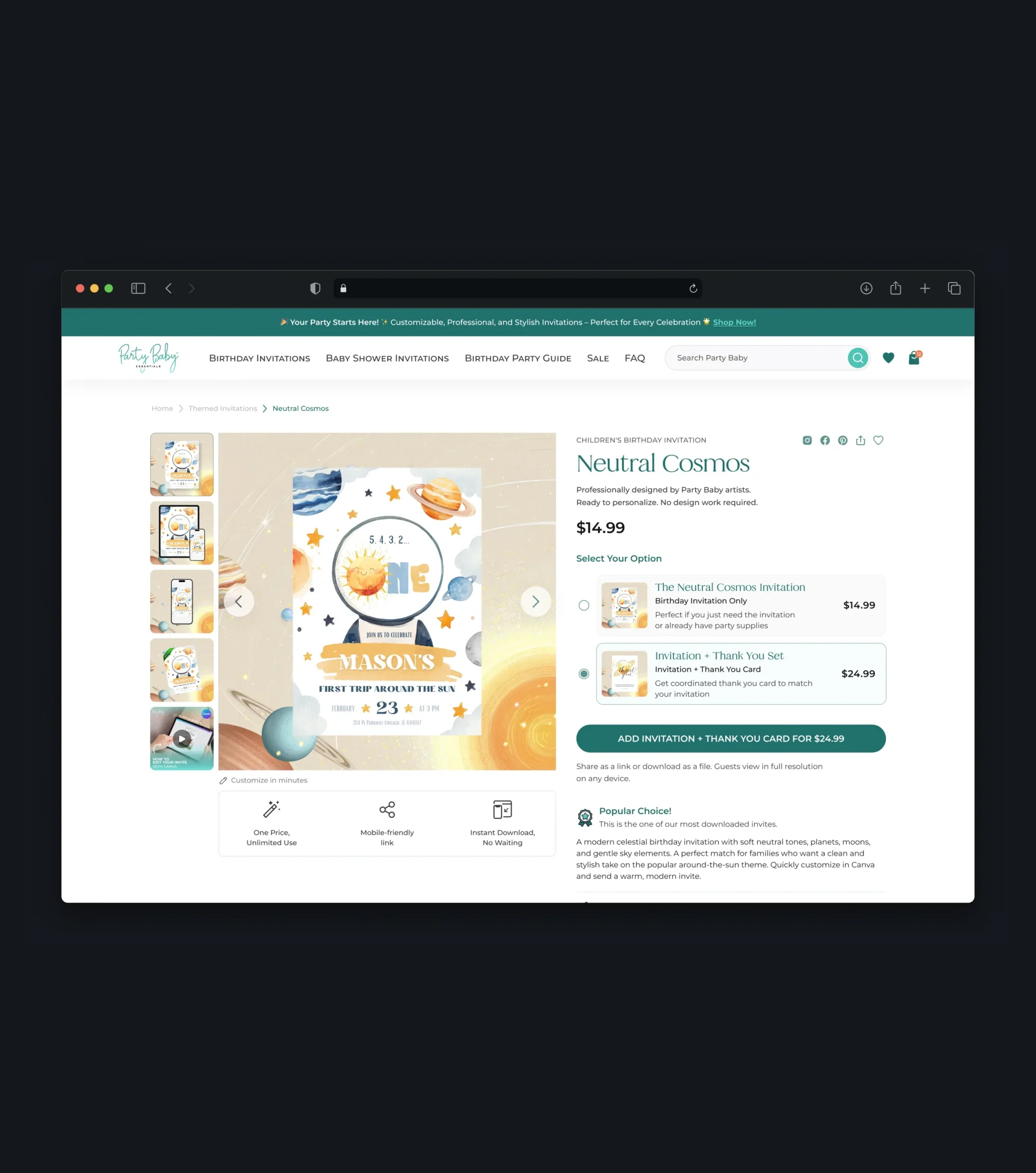 Product page for a space-themed digital birthday invitation