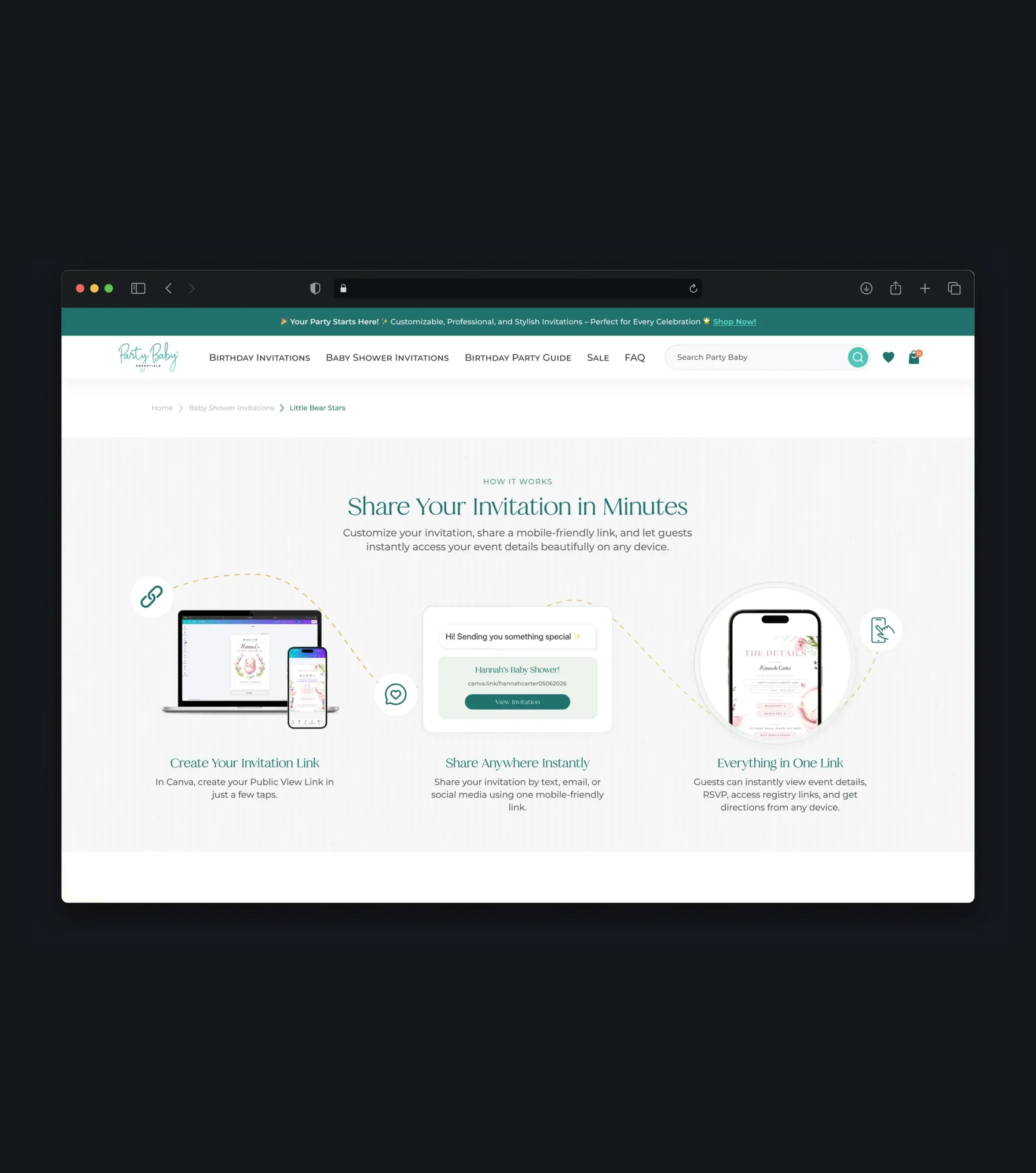 Product page explaining how to customize and share a mobile-friendly invitation