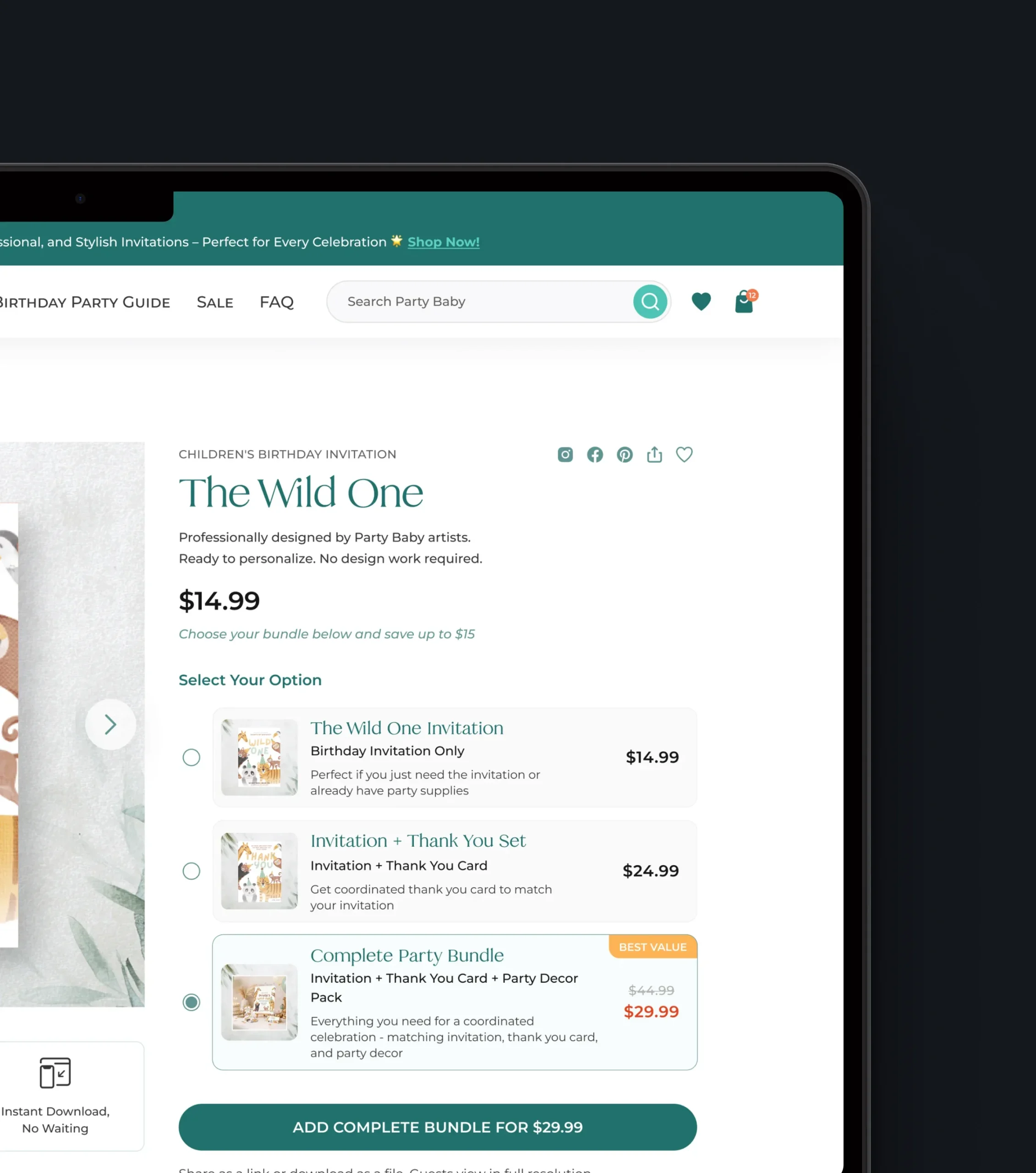 Product page with invitation, thank-you card, and complete party bundle options